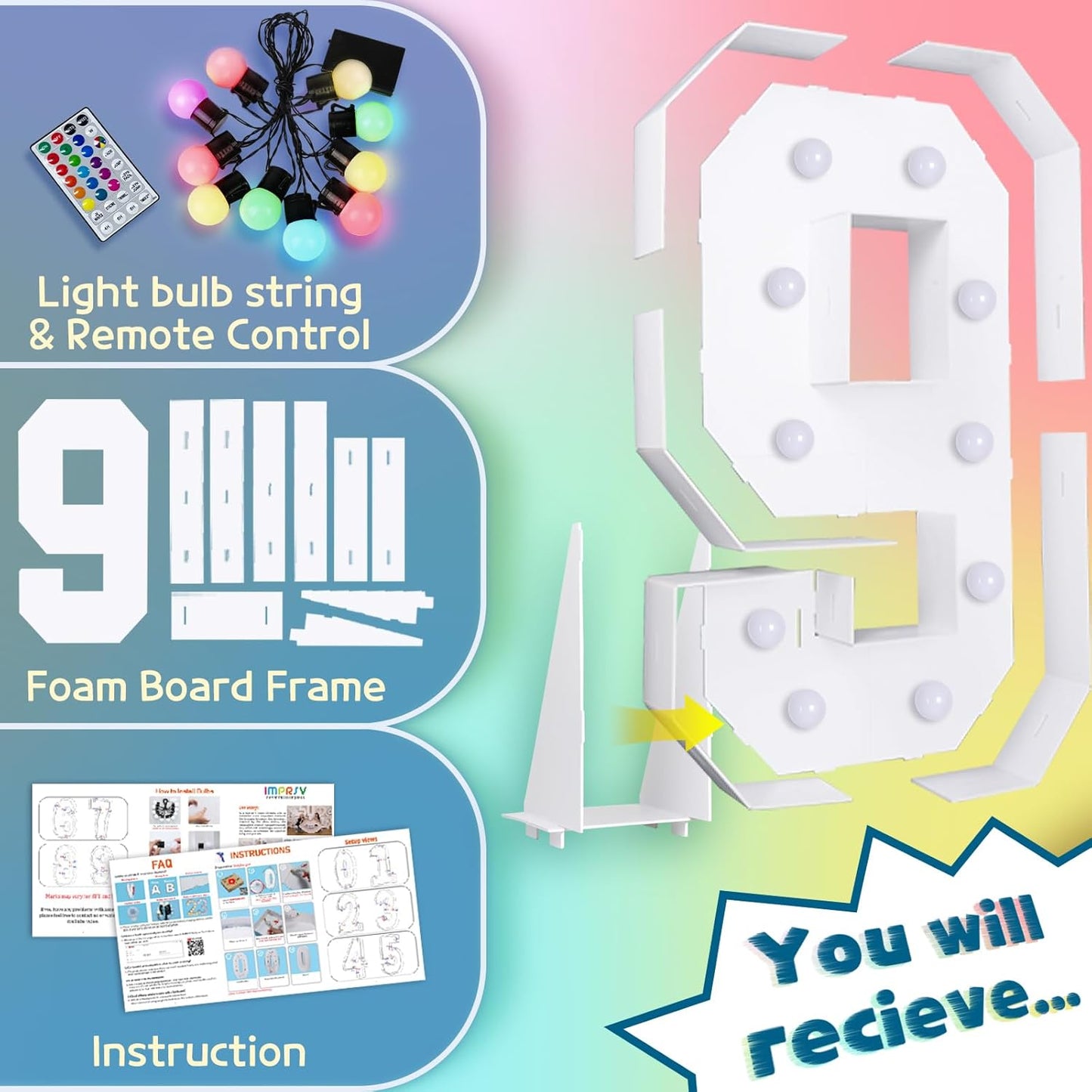 imprsv 4FT Colorful Marquee Numbers,18 Colors Number 9 with Remote, Light Up Sign for 8th Birthday Decorations Anniversary Party Decor, Pre-Cut Foam Board Kit, Mosaic Sign for Balloon