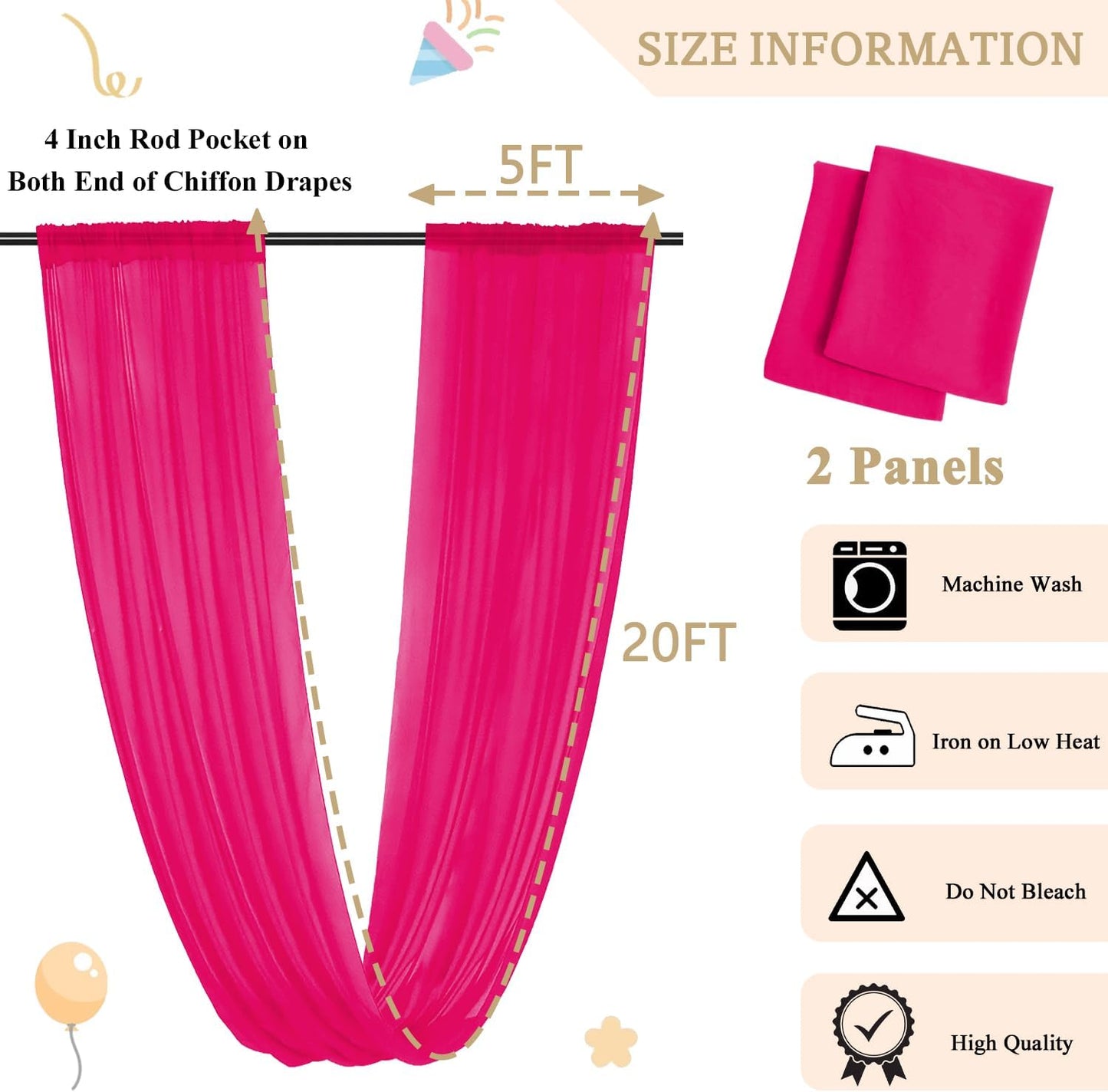 MODFUNS Wedding Ceiling Drapes Hot Pink Ceiling Drapery 5x20ft 2 Panels Sheer Arch Drapery Chiffon Curtain Drapes Tulle Ceiling Fabric Draping Fabric Party Stage Prom Ceremony Decor