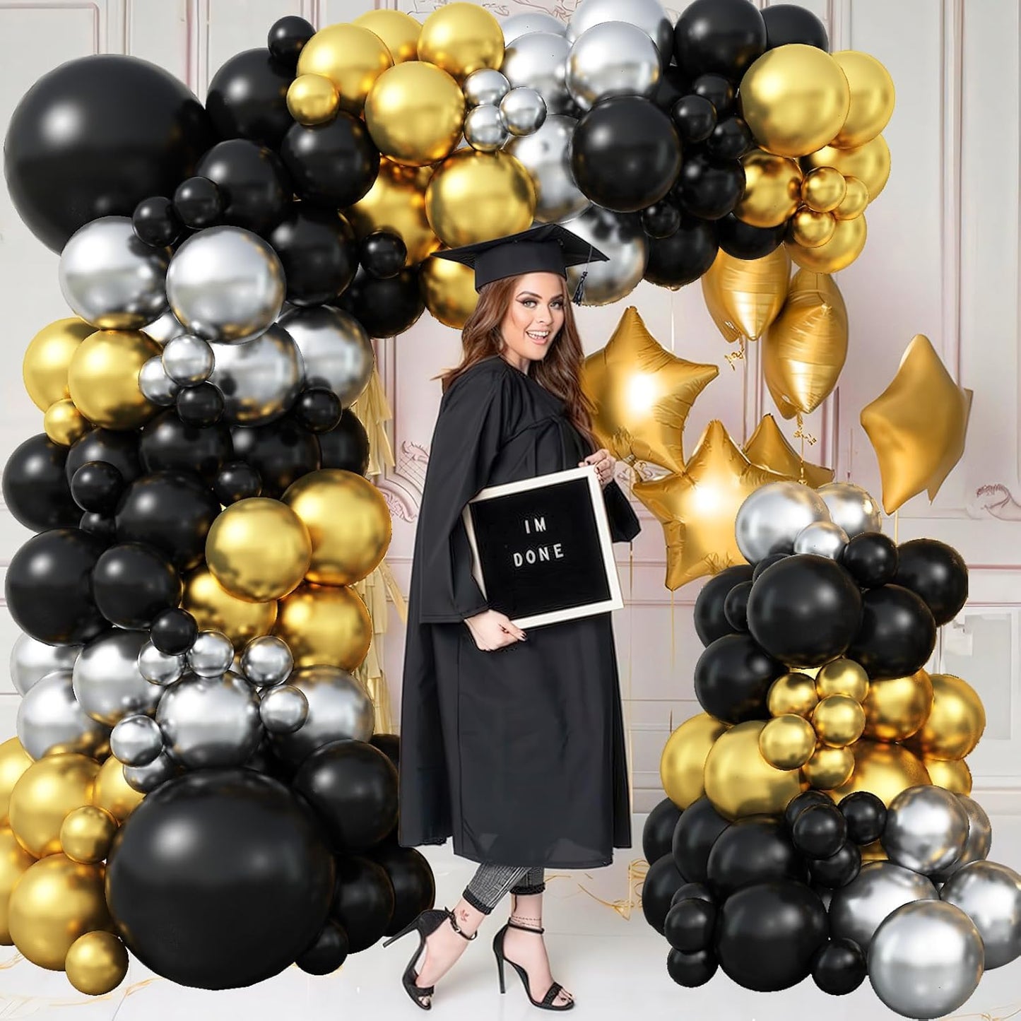 Black Gold Balloon Arch Kit 99Pcs Black Gold Silver Balloons Garland Kit Metallic Black and Gold Birthday Party Balloons for Boys Men Graduation Retirement Wedding Anniversary Bachelorette Decorations
