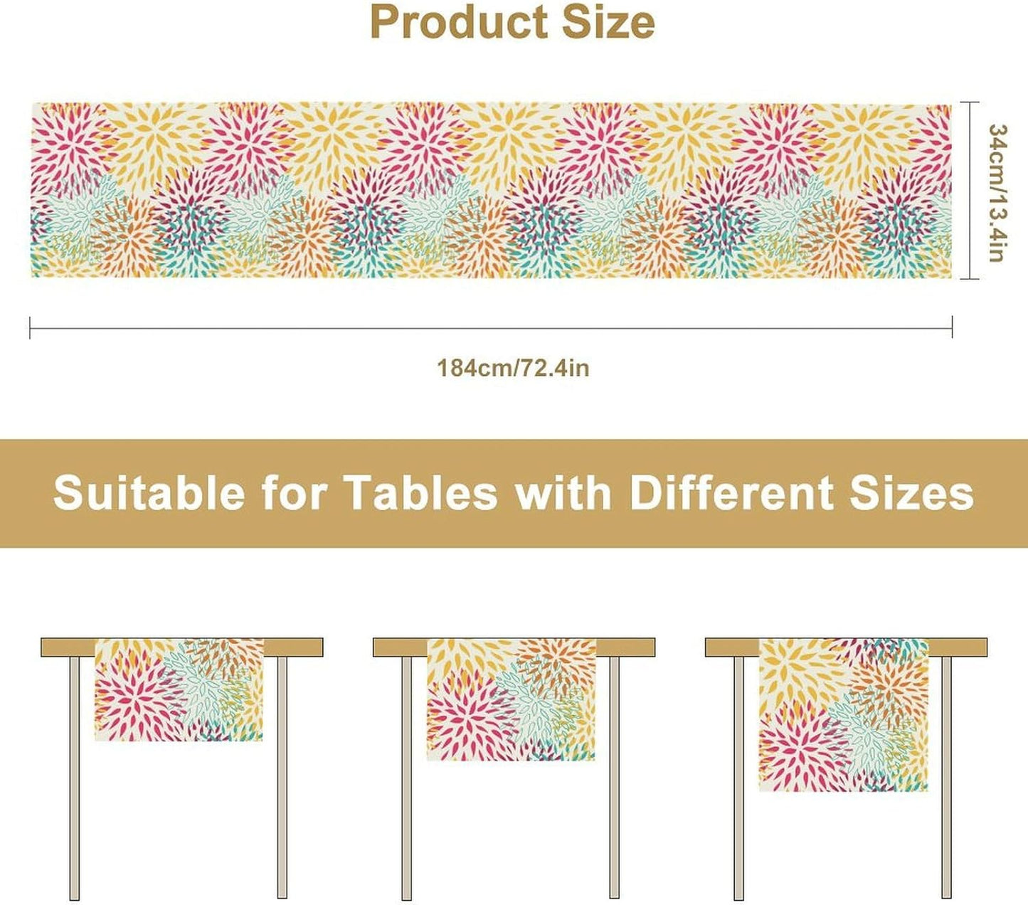 Abstract Flowers Table Runner, Chrysanthemum Dahlia Vintage Modern Colorful Spring Summer Elegant Table Runner for Party Kitchen Dining Living Room Laundry Room Decor, 13x70 Inch