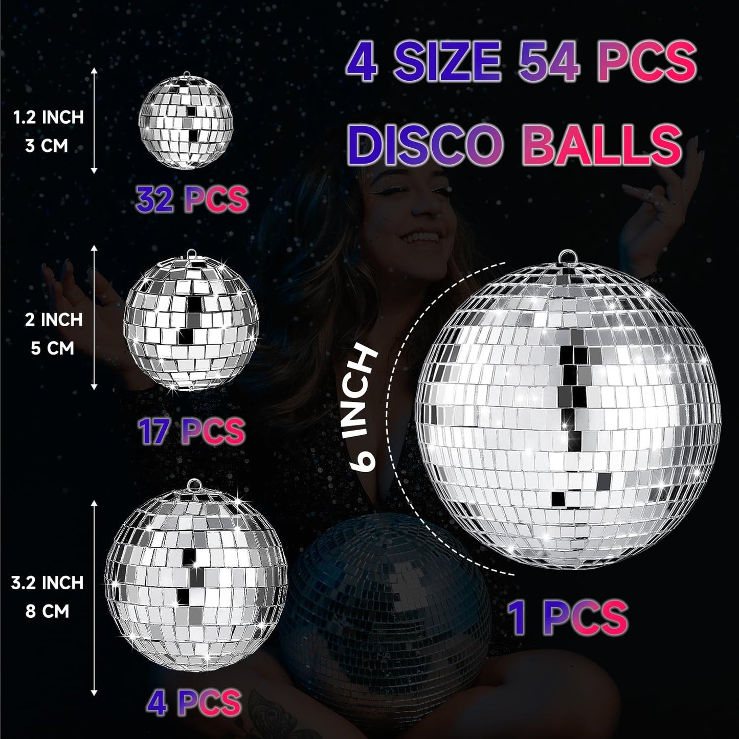 54 Pcs Disco Ball Hanging Decor - Mini Silver Mirror Ball Cake Topper for 74s Themed Party, Wedding, Christmas Supplies
