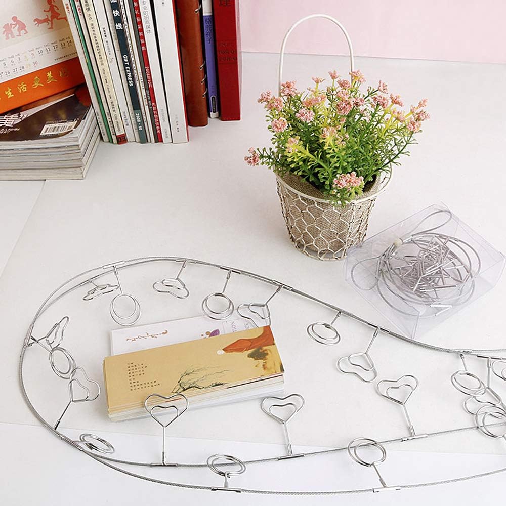 Multi-Purpose Steel Wall Hanging Photo Display Cable Wire Rod String with 12 Clips for Hanging Photos Notes and Artworks (Heart Shape Clip)