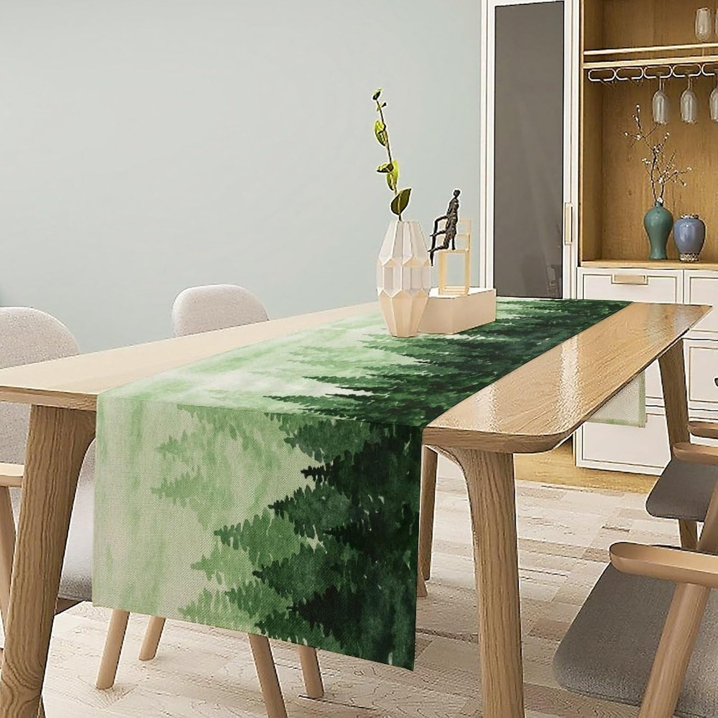 Foggy Forest Table Runner,Watercolor Wreen Misty Forest Landscape Table Runner for Kitchen Dining Table Home Party Decoration 13x36 Inch