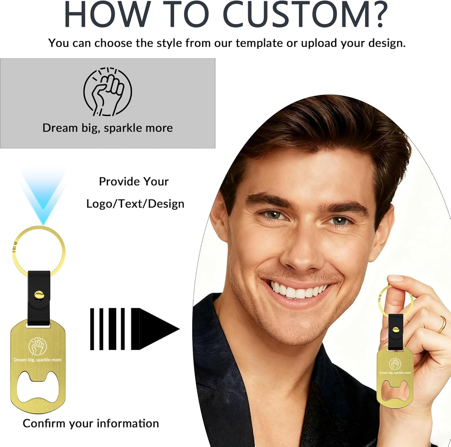 2 in 1 Personalized Bottle Openers Keychains Bulk,Pack 5-100 Flat Metal Custom Keychain with Your Text/Logo/QR Code, Unique Multitools for Wedding Party Favor, Bar, Promotion, Gift (Gold)