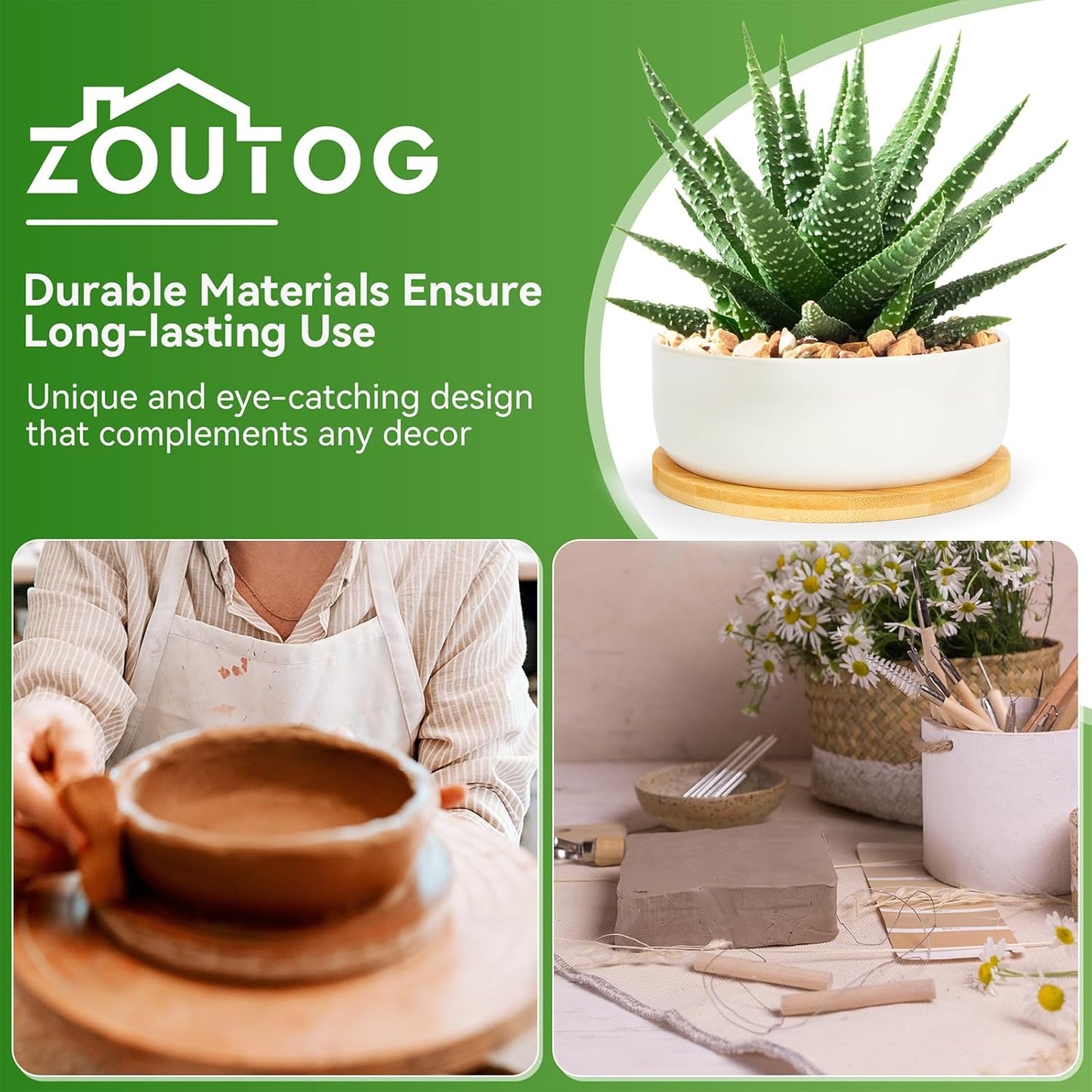 ZOUTOG Plant Pot 6 Inch,Ceramic Succulent Pots for Flower with Drainage and Tray,Succulent Planters for Indoor Plants White Round with Home,Office,Pack of 2