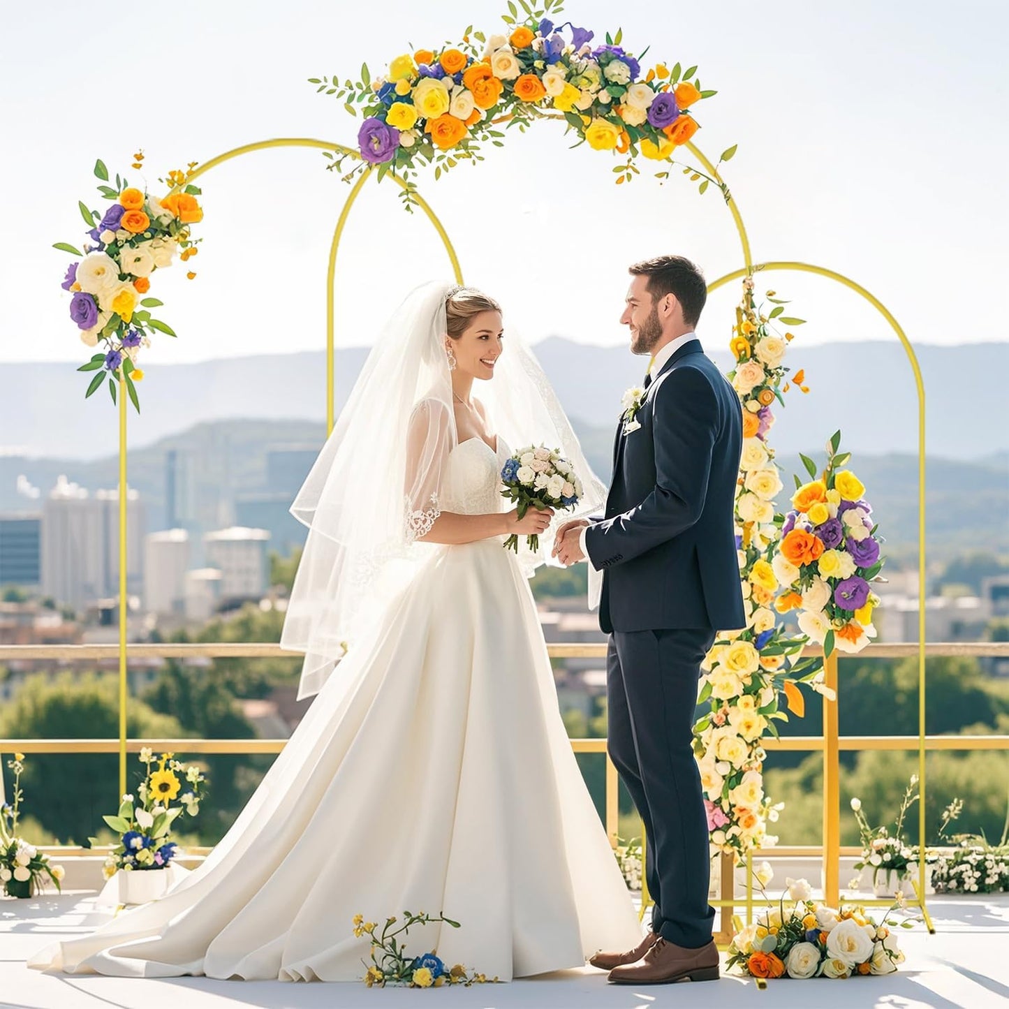 FOTSHARER Wedding Arch Stand and Cover Set of 3 Gold Arch Backdrop Stand with Beige Arch Covers 7.2FT 6.6FT 6FT Background Arch Stand for Garden Arbor Wedding Backdrop Stand Party Anniversary Decor