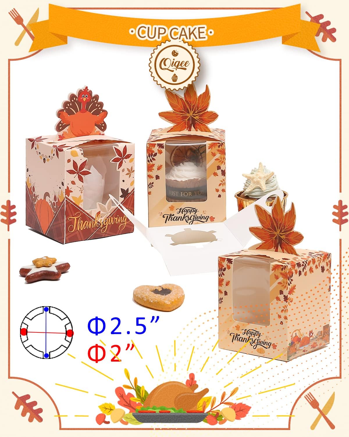 qiqee Thanksgiving Individual Cupcake Boxes Cupcake Holders Disposable 60pcs Single Cupcake Boxes with Window 3.7x3.7x4.5 inch Cupcake Containers For Thanksgiving