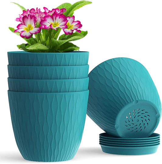 6 inch Plant Pots, 5 Pack Flower Pots with Drainage Holes and Saucers for Indoor Plants, Plastic Planters with Water Ripple for Small Garden House Plants, Nursery Pots for Succulent, Blue Green