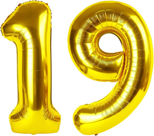 40 Inch Big Gold 19 Balloon Number, Jumbo Giant Happy 19 Nineteen Birthday Party Decorations, Large 19 Nineteen Mylar Foil Anniversary Birthday Party Engagement Decorations