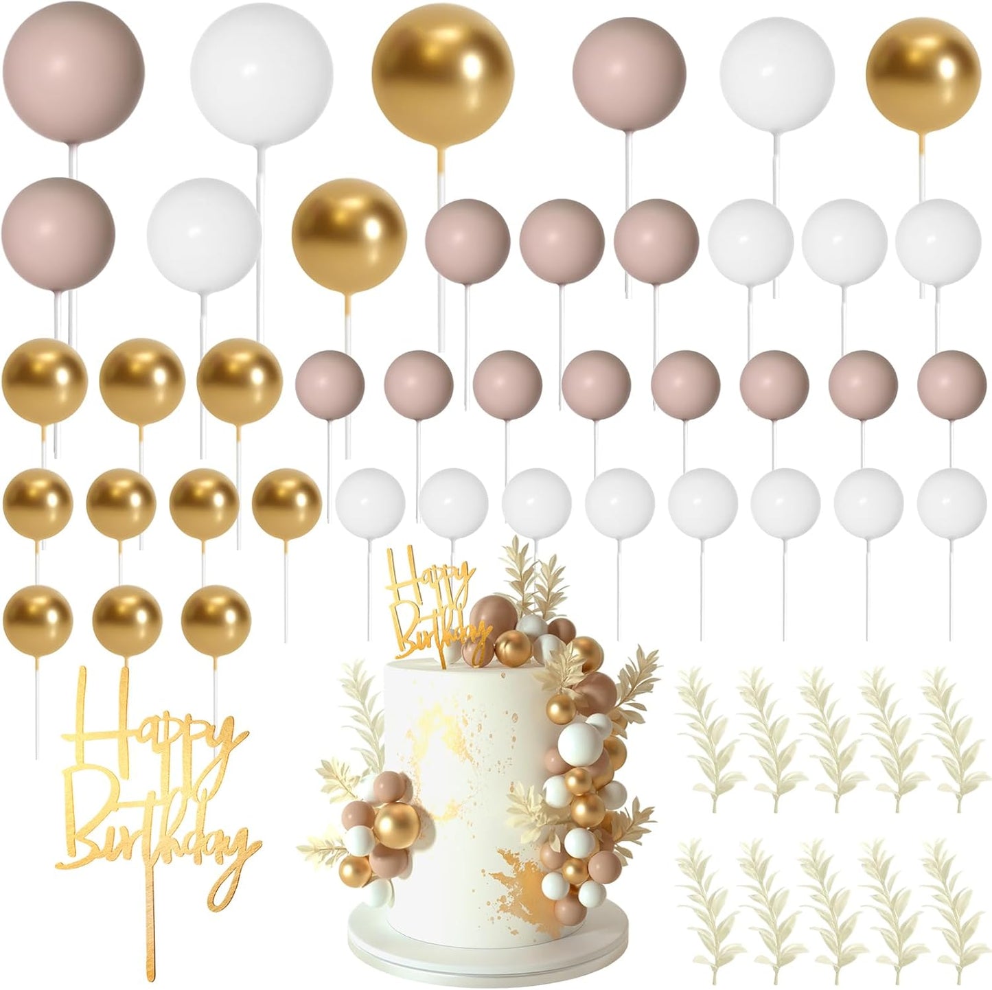 MIAHART Ball Cake Toppers Boho Grass Cake Topper Ball Cake Insert Decoration for Birthday Wedding Baby Shower Party Decorations Boho Themed Party Supplies (khaki，gold，white)