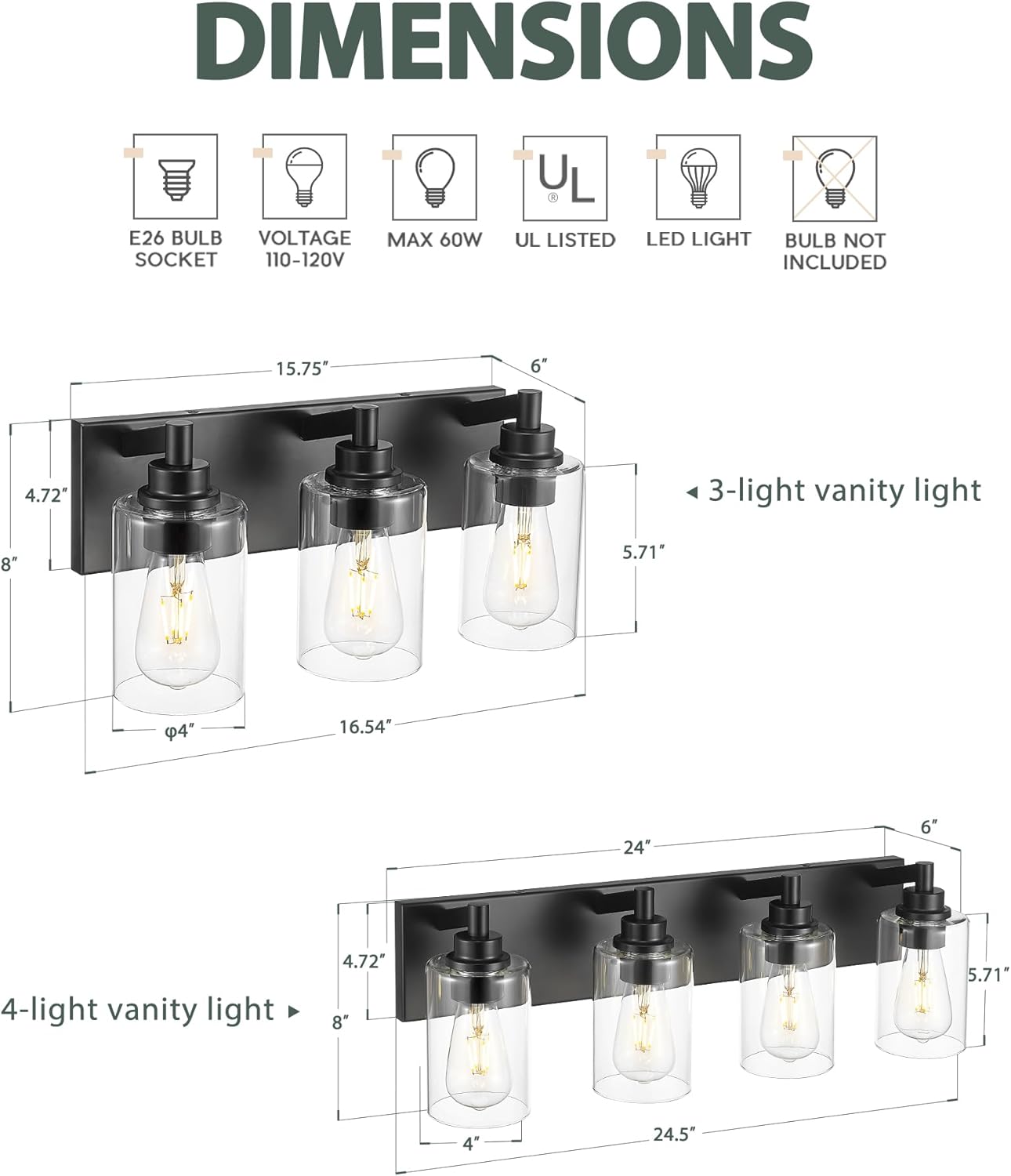 3-Light Bathroom Light Fixtures, Black Vanity Light with Cylinder Clear Glass Shade, Modern Vanity Lighting Fixtures Over Mirror, VL143-MB-3