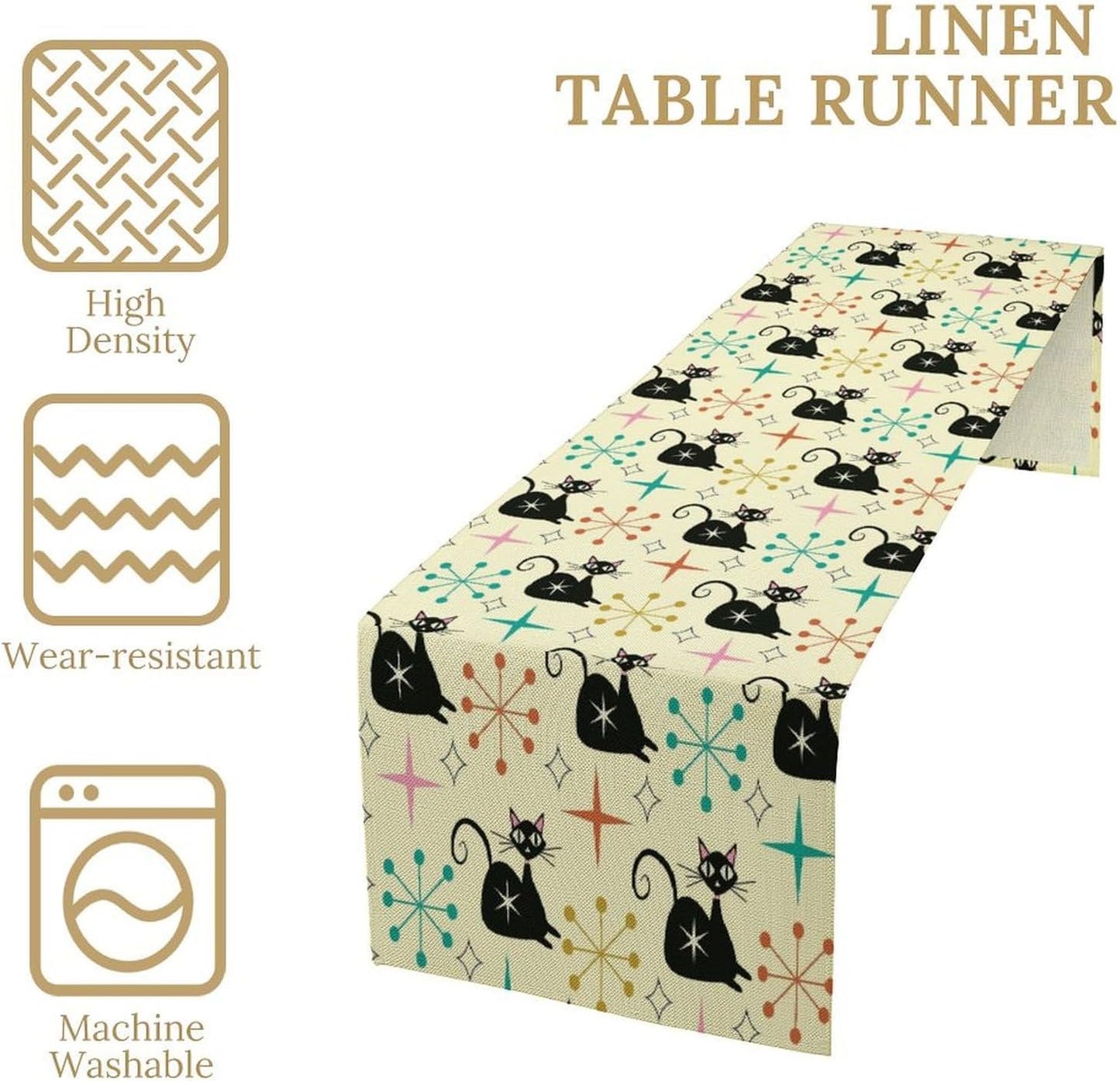 Mid Cat Table Runner, Vintage Black Cat and Atomic Stars 1950s 1960s Abstract Geometric Space Pattern Table Decoration for Home Kitchen Restaurant 13x60 Inches