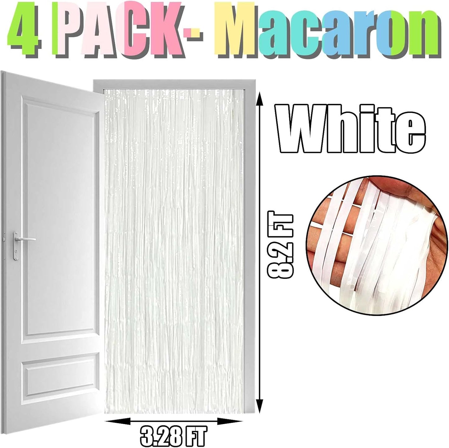 4 Pack Macaron White Foil Fringe Curtain Backdrop, 3.28Ft x 8.2Ft Foil Fringe Streamers Curtains for Party, Photo Booth Props, Birthday, 2022 Graduation Decor Supplies, One Size