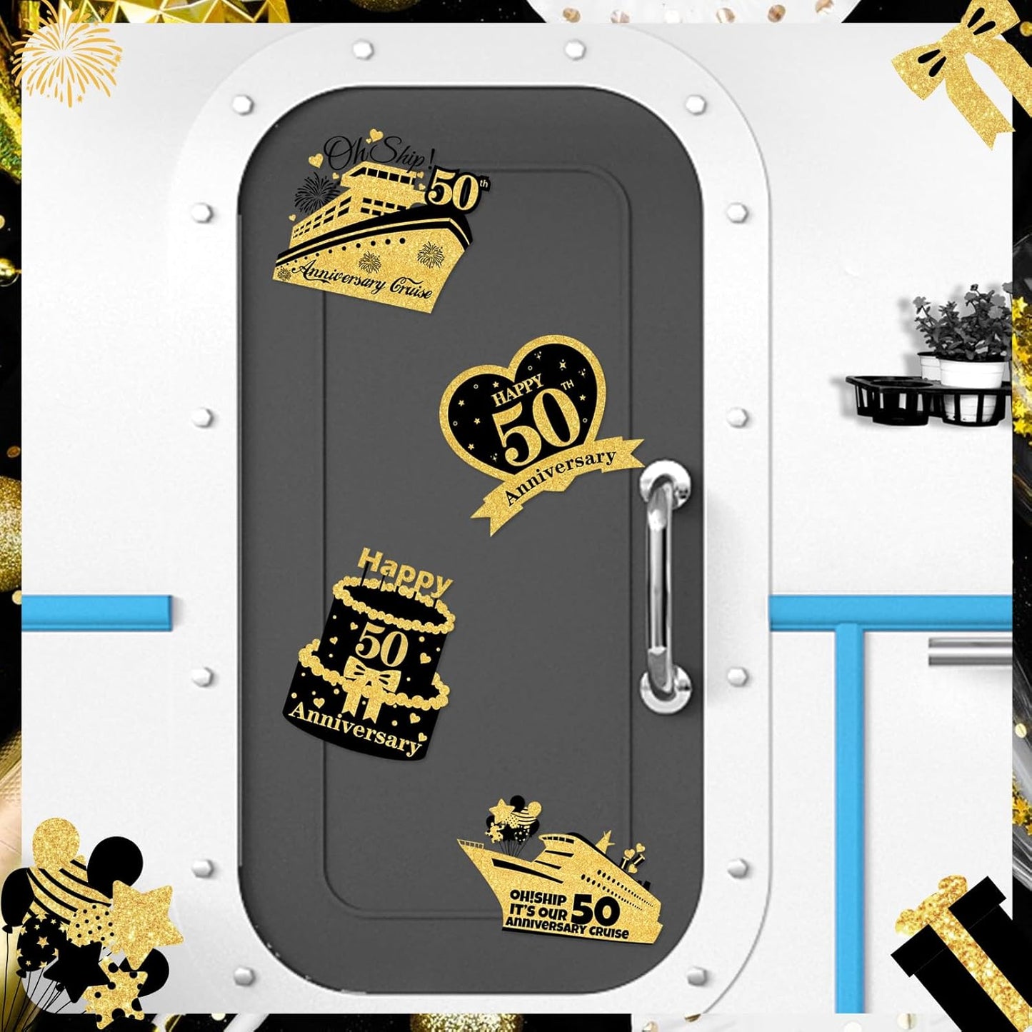 4 PCS Large 50th Anniversary Cruise Door Magnets Decorations Happy 50th Anniversary Cruise Ship Door Decor Magnetic Wedding Magnets Garage Refrigerator Car Magnets for Cabin Stateroom (Black Gold)