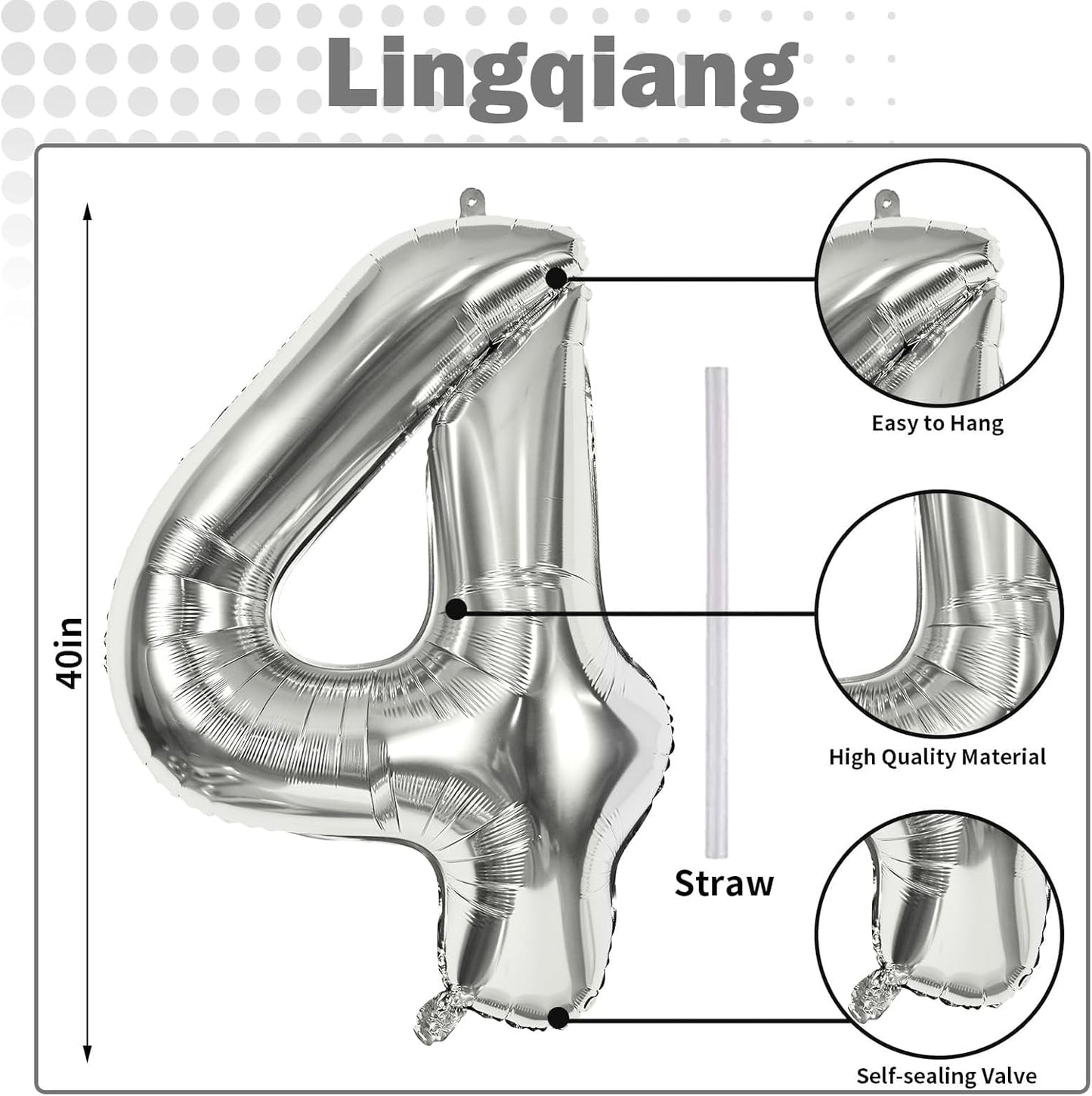 Silver Number Balloons, 40inch Large Number 4 Foil Helium Balloons for Girls Women, Self Inflating Number Balloons 0-9 for Men Boys 4th 14th 40th Birthday Anniversary Party Celebration Decoration