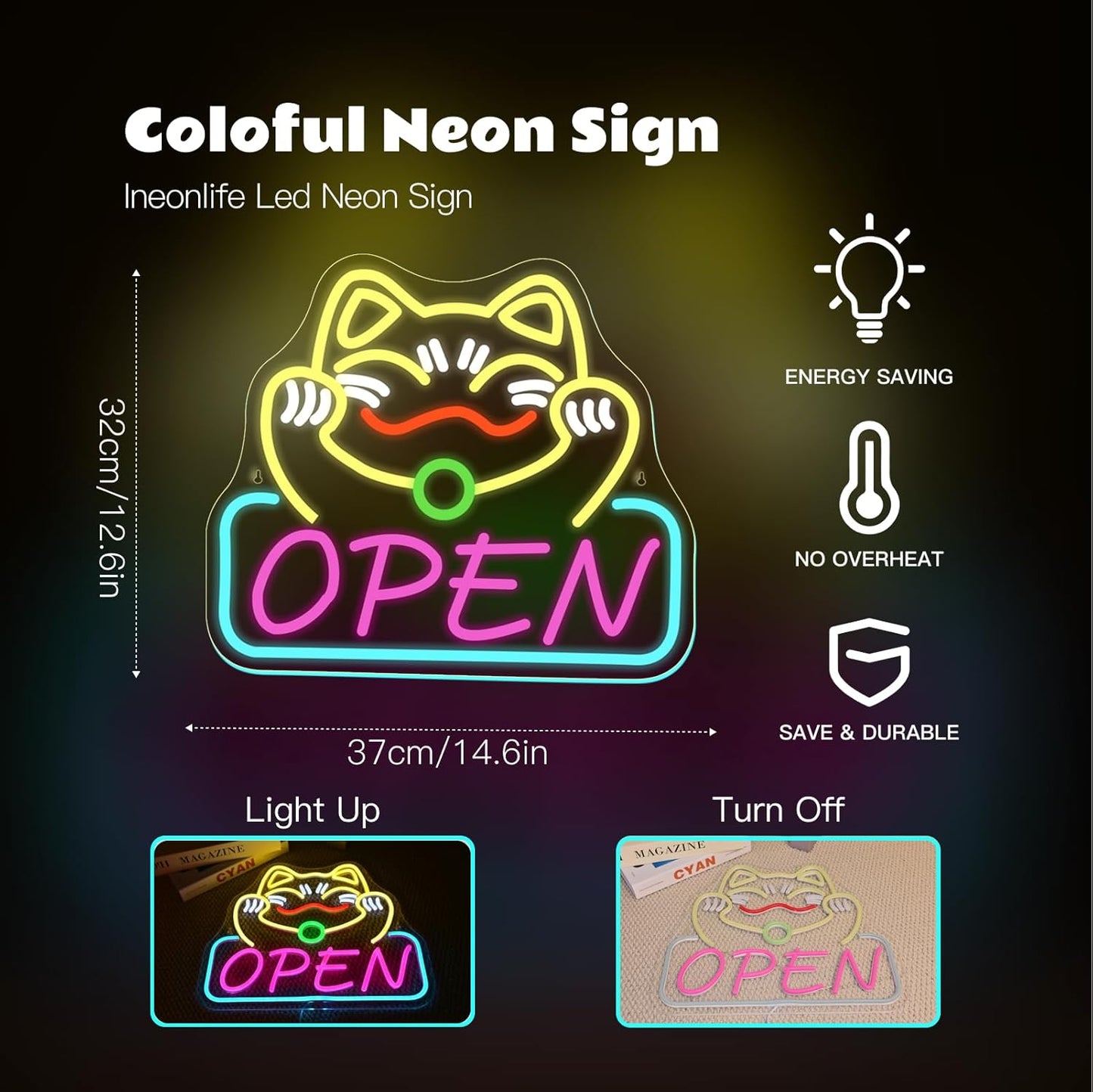 Ineonlife Lucky Cat Open Neon Sign Cute Cat Neon Signs for Wall Decor Dimmable Led Light for Used in Restaurants Ramen Shops Izakaya Sushi Restaurants Shop Decorations Business Opening Gift
