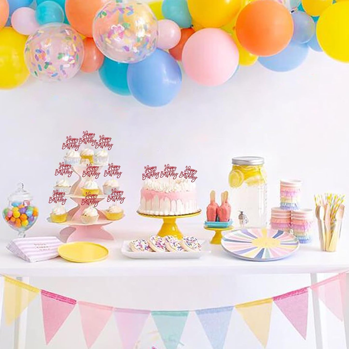 24 PCS Glitter Cupcake Toppers - Happy Birthday & Anniversary Picks - Red