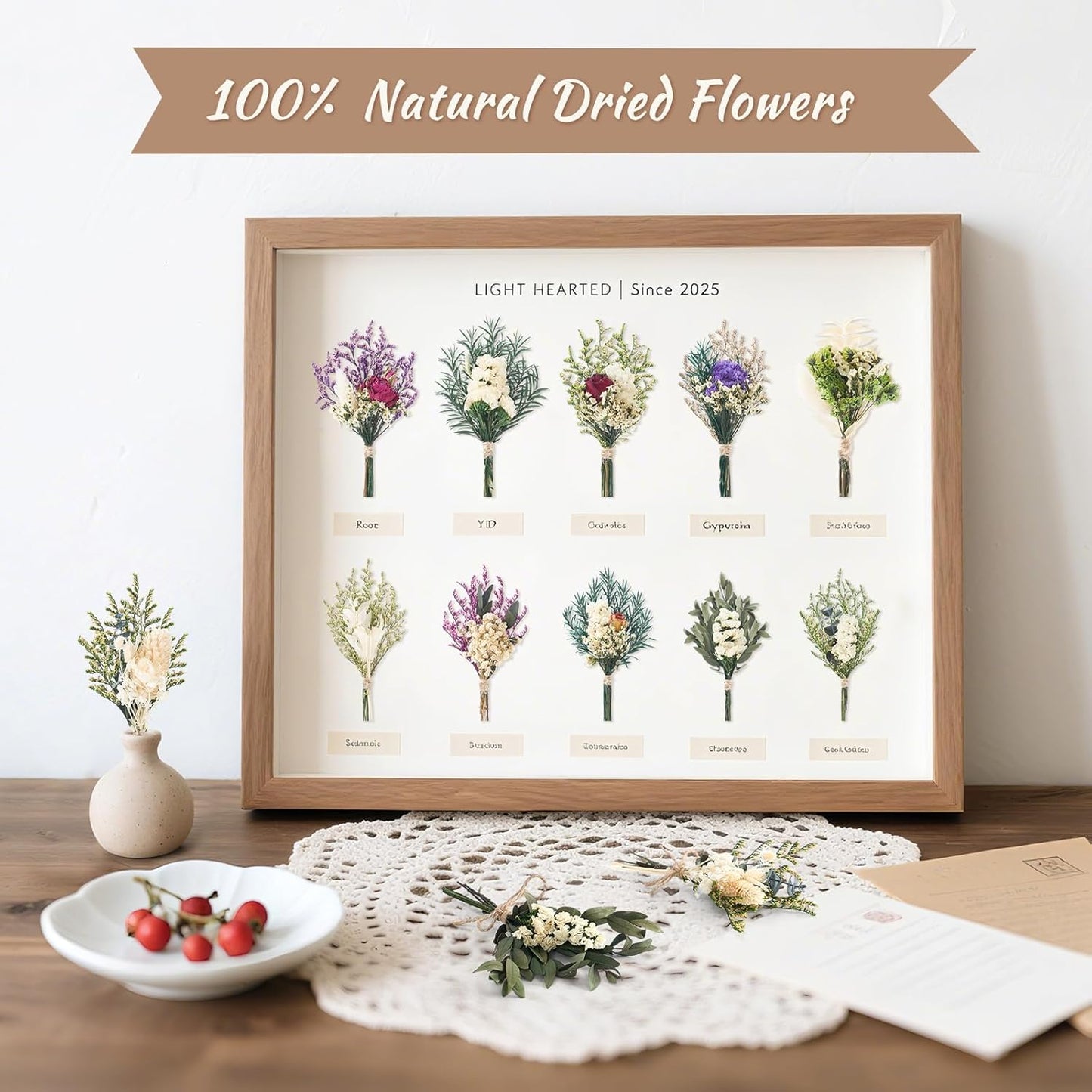 12/24 PCS Charming Dried Flowers Bouquet for Vase Various Dried Wildflowers with Stems Mini Handmade Wildflowers Natural Real Flowers Bulk Flowers Craft (White Series, 12 PCS)