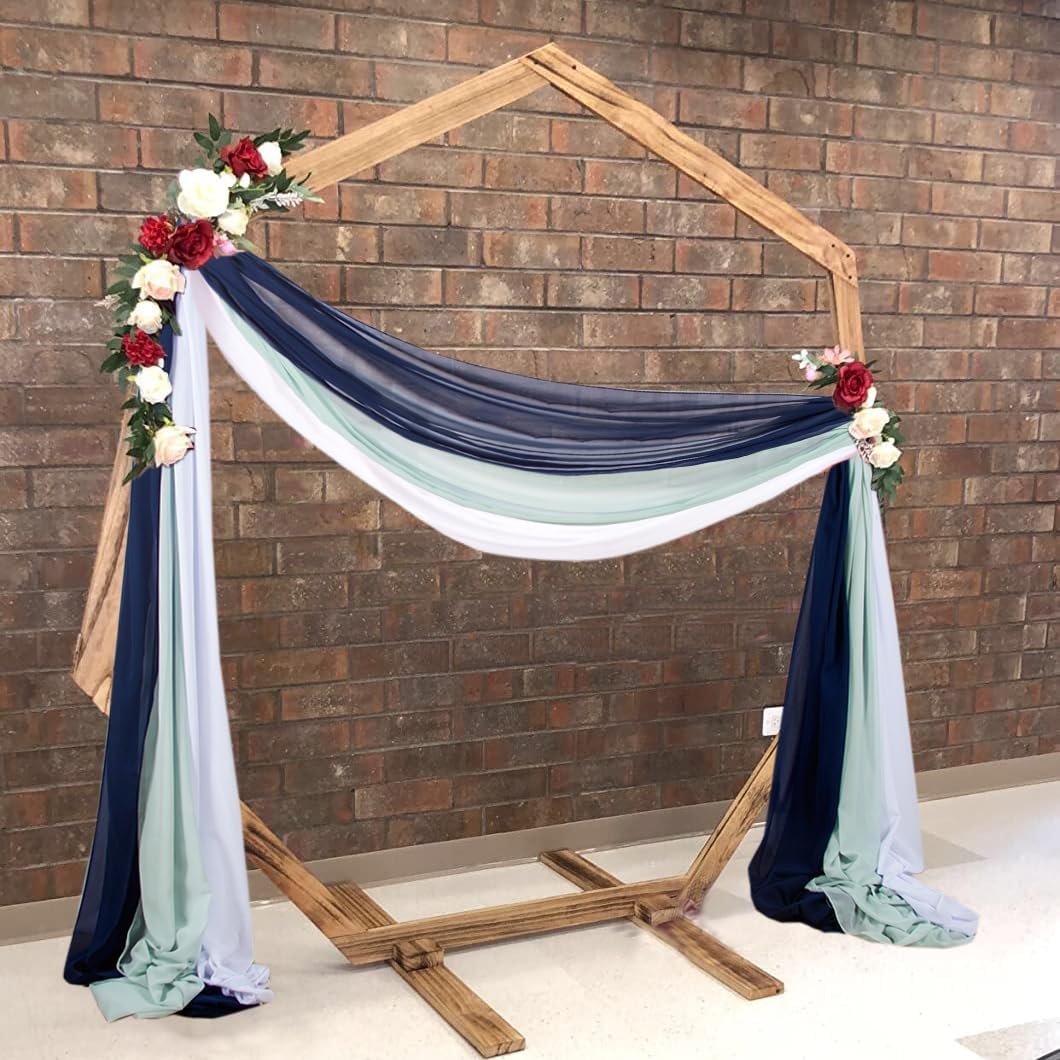 3 Panels 20Ft Chiffon Wedding Arch Drapes Navy Sheer Ceiling Drapes Romance Coast Atmospher Wedding Arch Draping Fabric Arbor Drapery Wedding Anniversary Decorations (White+Aqua+Navy)