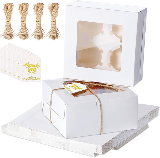 36 Pack Cupcake Boxes Hold 4 Count Disposable Cupcake Containers with Window and Cake Carrier with Thanks Card and Jute Rope to Muffins Cupcakes Cookies Gift Wrapping (White)