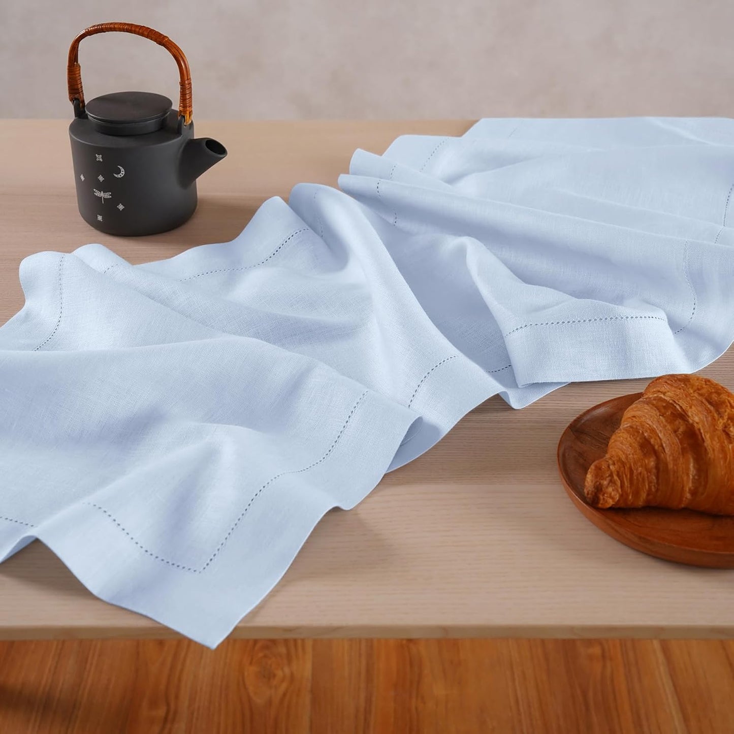 Linen Table Runner 90 inches Long – Hemstitch 100% Pure Linen Light Blue Dining Table Runner 14 x 90 Inch for Spring, Summer, Wedding Decorations, Gift – Elara