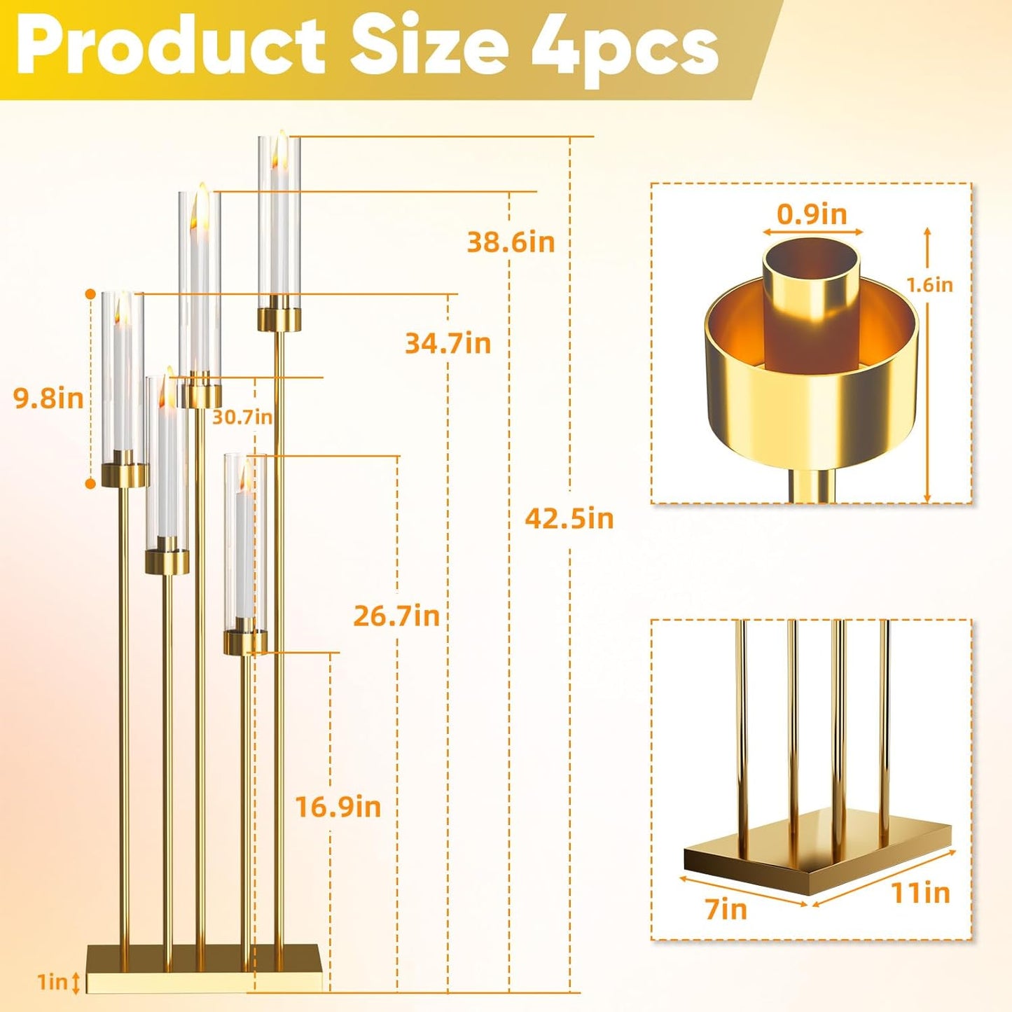 42.5'' Floor Candelabra 5 Arm Candelabra Centerpieces for Tables Gold Candle Sticks Holder 4 Set Tall Metal Candlestick with Acrylic Lampshades for Home Christmas Party (Square)