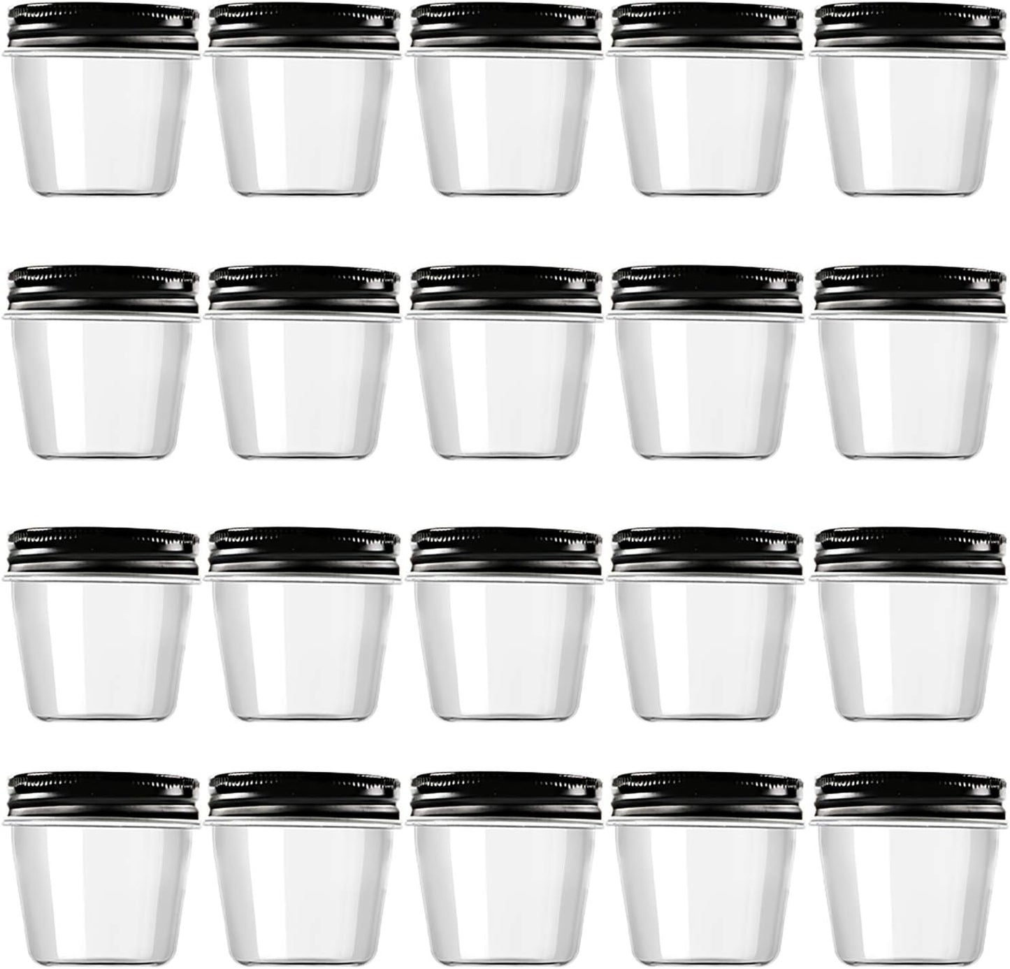 Novelinks 4 oz Clear Plastic Jars with Black Lids – Small Round Reusable Containers for Food, Spices, Crafts, Travel – BPA-Free Storage Jars for Kitchen & Household Organization, 20 Pack