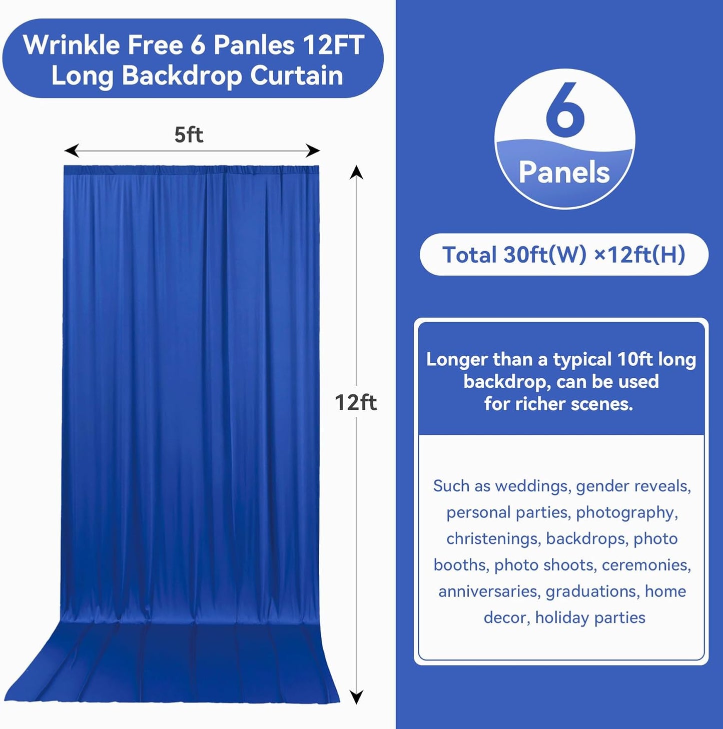 30ftx12ft Wrinkle Free Royal Blue Backdrop Curtain, 6 Panels 12FT Height Royal Blue Wedding Backdrop Drapes, Silky Polyester Back Drop Cloth for Birthday Photography Background Party Backdrop Draping