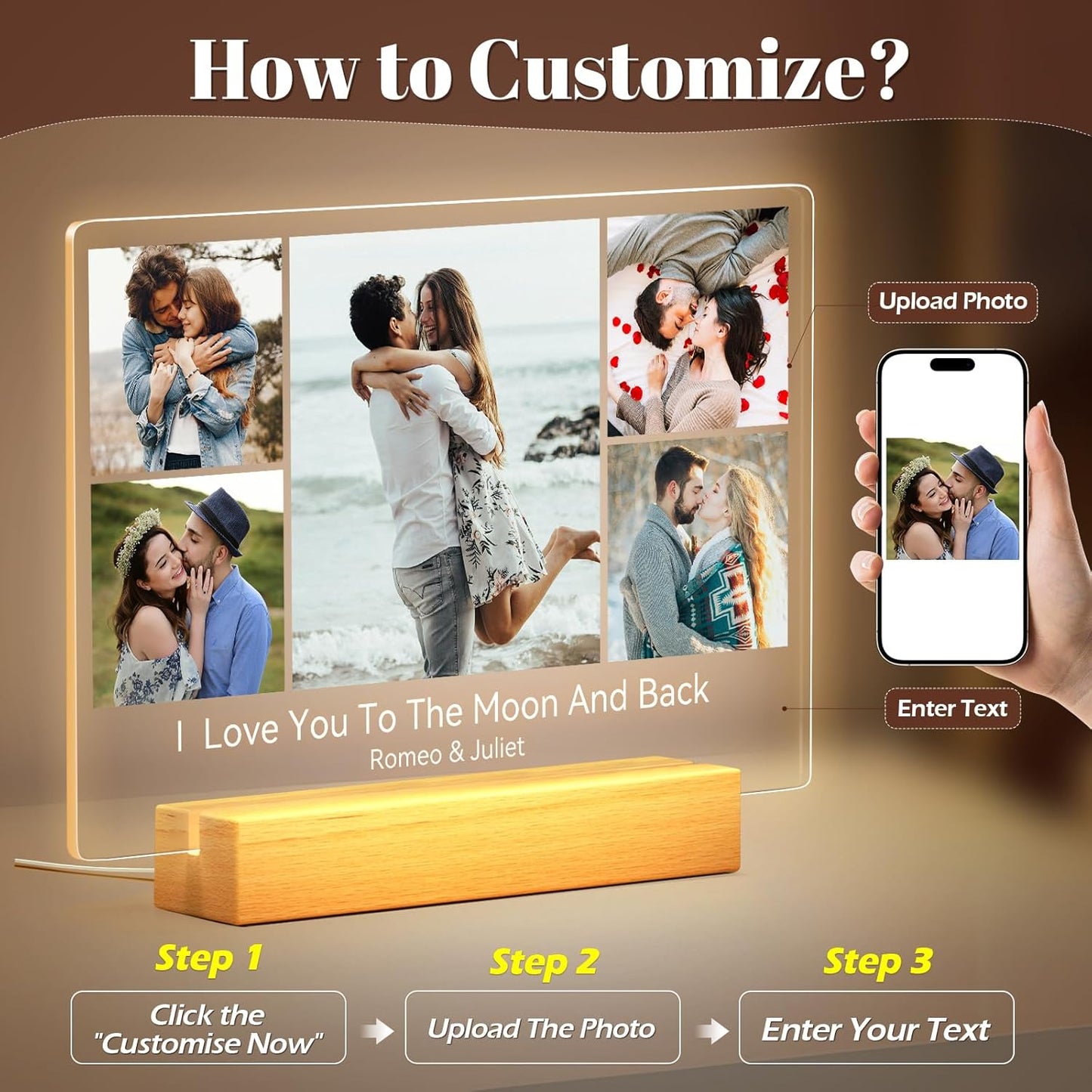 Custom Picture Frames with Photo, Personalized Photo Frame with Night Light, Customized Picture Frame, Personalized Anniversary Birthday Gifts for Women, Men, Him, Her, Couple, Boyfriend, Girlfriend
