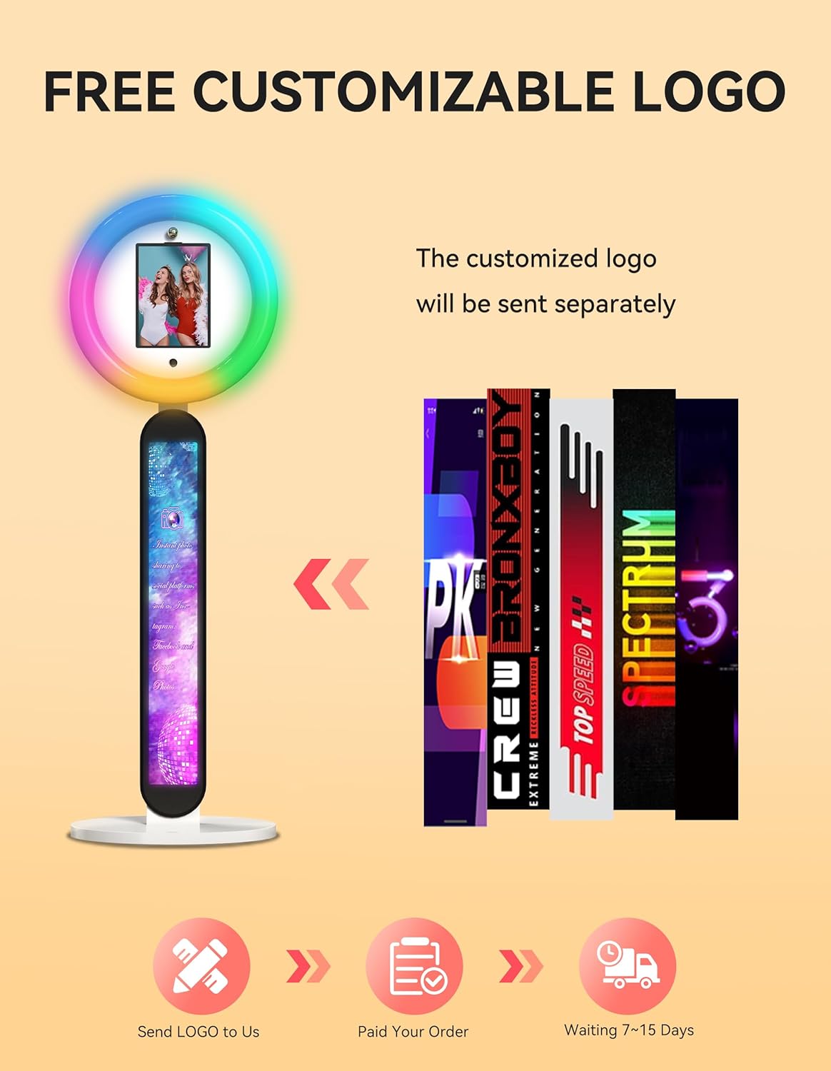 Photo Booth Stand for ipad Customized Logo Metal Selfie Photobooth Machine Fits 10.2", 10.9", 12.9" iPads, Provide Cyratok Software and Music Sync for Events,Rentals & Business Use(Flight Case)