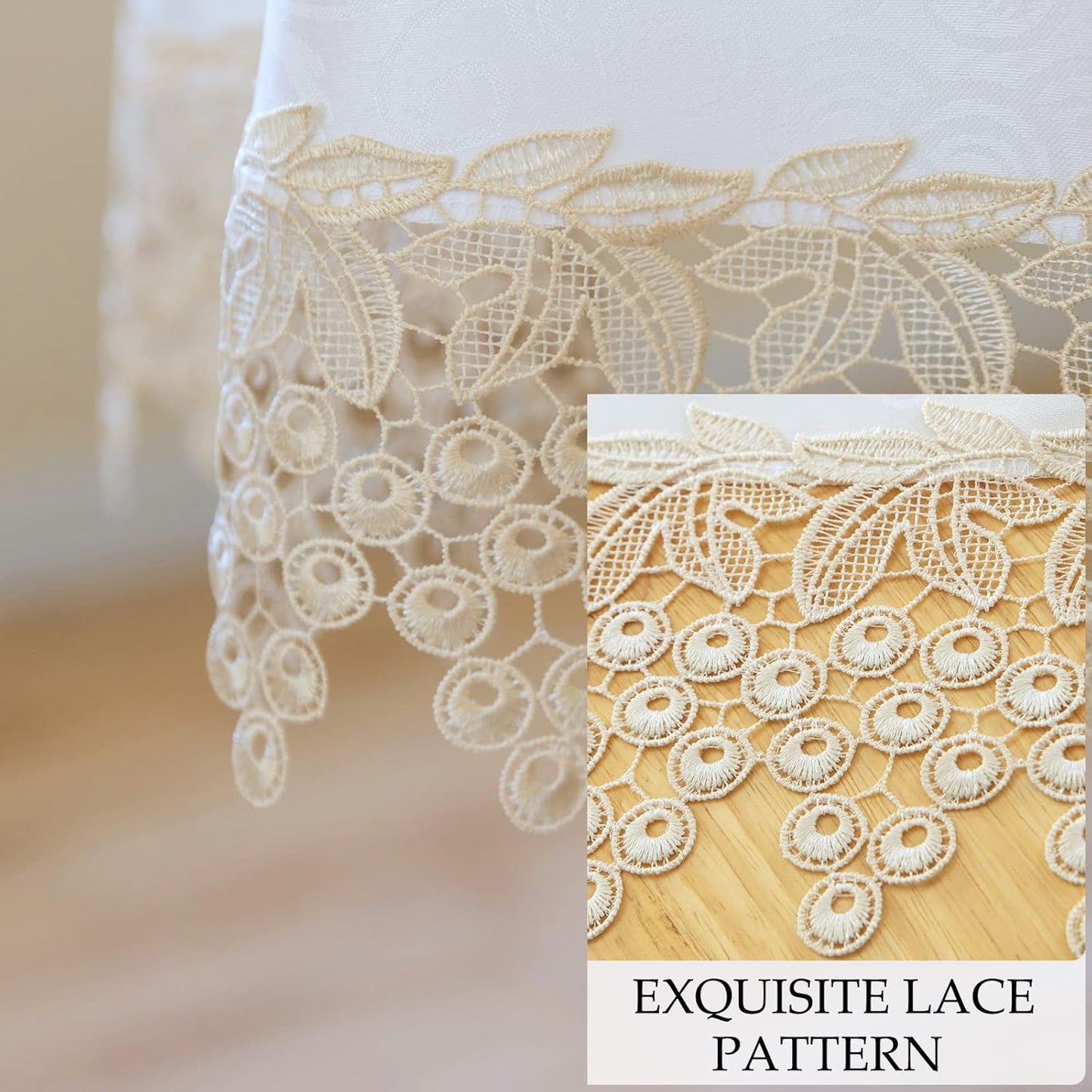 Beige lace Premium Round Farmhouse Tablecloth Waterproof OilProof SpillProof AntiShrink Soft Wrinkle Resistant Decorative Fabric Table Cover Kitchen Dinning Party Wedding Banquet