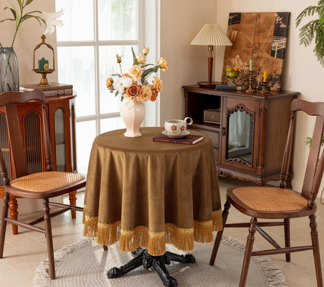 F-CHU Luxury Camel Tablecloth Thickset Velvet Tablecloth with Beautiful Gold Tassels Vintage Table Cloth for Home Decor Wedding, Party, Banquet and Events 48" Round