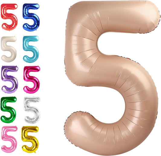 Large Light Brown 40 Inch Birthday Number 5 Balloon, Light Brown Five 5th 15 25 35 50 55 Birthday Anniversary Celebration Decorations, Foil Mylar Helium Numbers 5 Balloons Girl Boy Party Supplies