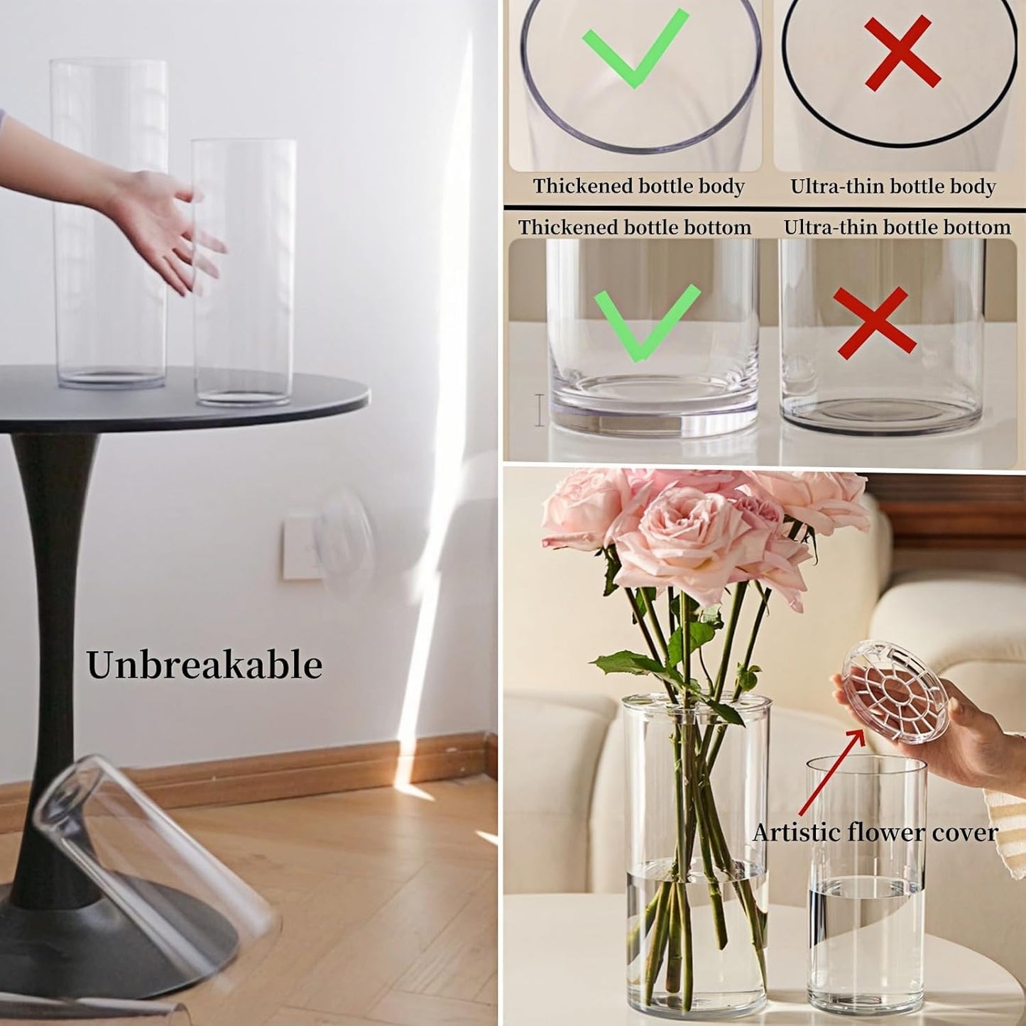 3 Large Acrylic Cylinder Clear Vase for Centerpieces, Hurricane Unbreakable Tall Big Wide Mouth Flower Vases for Birthday Wedding Bouquet Decor (D 6" X H 15.8", D 4.8", D 4" + 3 Holder)