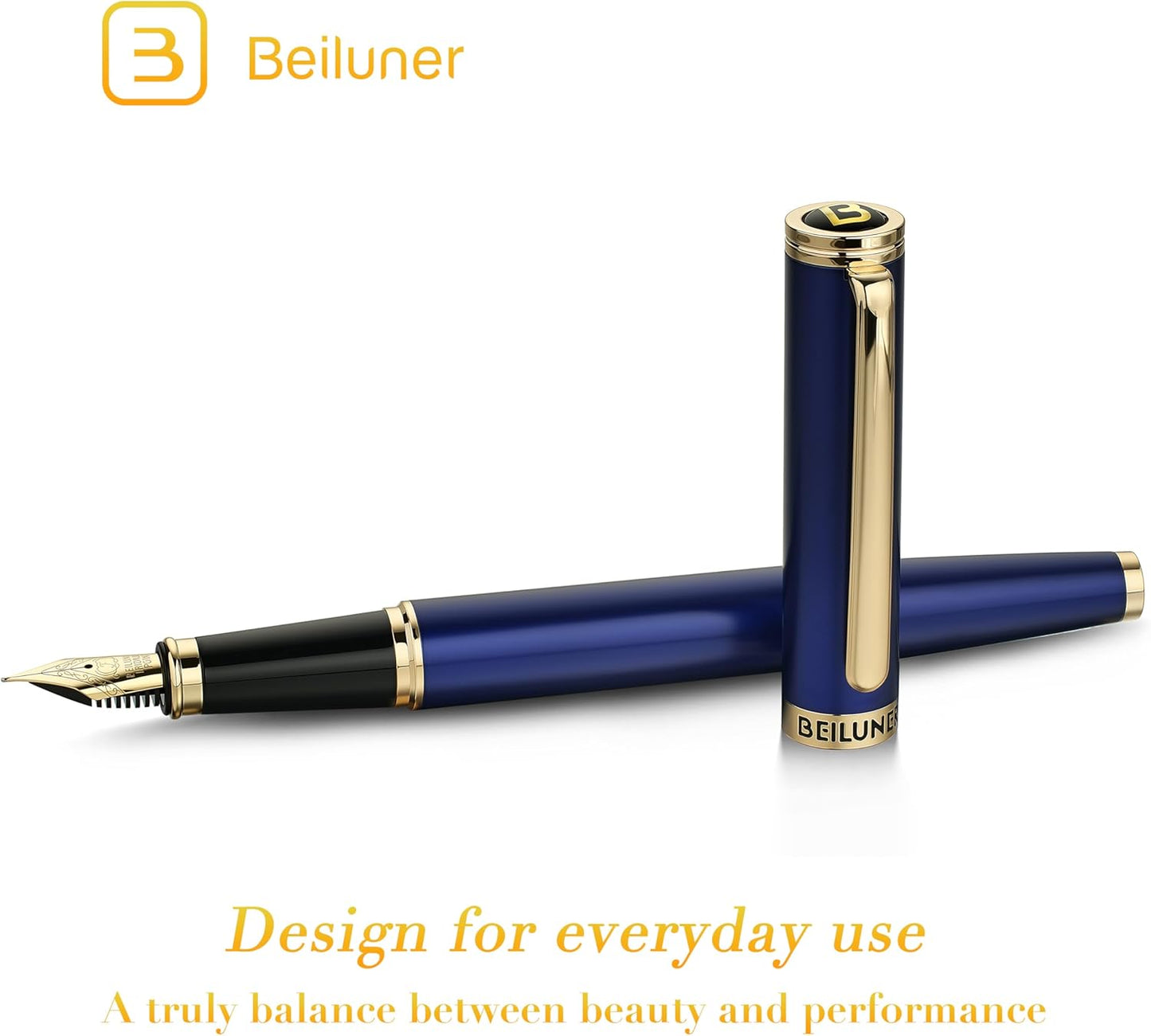 BEILUNER Blue Fountain Pen,Stunning Luxury Pens with 24K Gold Finish, Gorgeous 24K Gilded Nib(Fine), Trustworthy Pen Gift for Men&Women -Ink Converter-Elegant, Graduation,Nice Pen for Writing