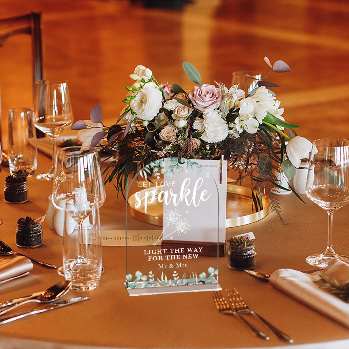 Acrylic Wedding Sign Let Love Sparkle Signs for Ceremony Modern Calligraphy Arch Acrylic Table Top Signs for Wedding Reception and Event Party Table Decor (Eucalyptus Leaves)