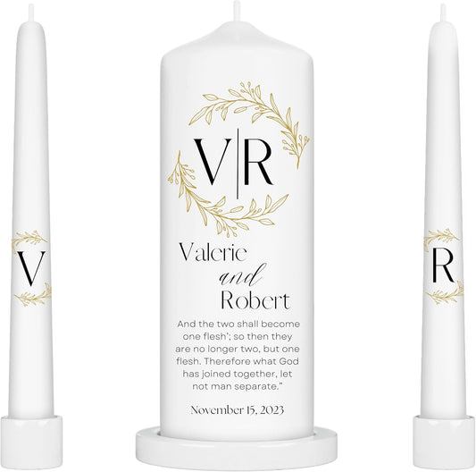 Unity Candles for Wedding, Modern Unity Set, Custom and Personalized Pillar and Taper Candles with Bible Quote, Unscented White Premium Wax, Religious and Wedding Ceremony, Special Events (Laurel)