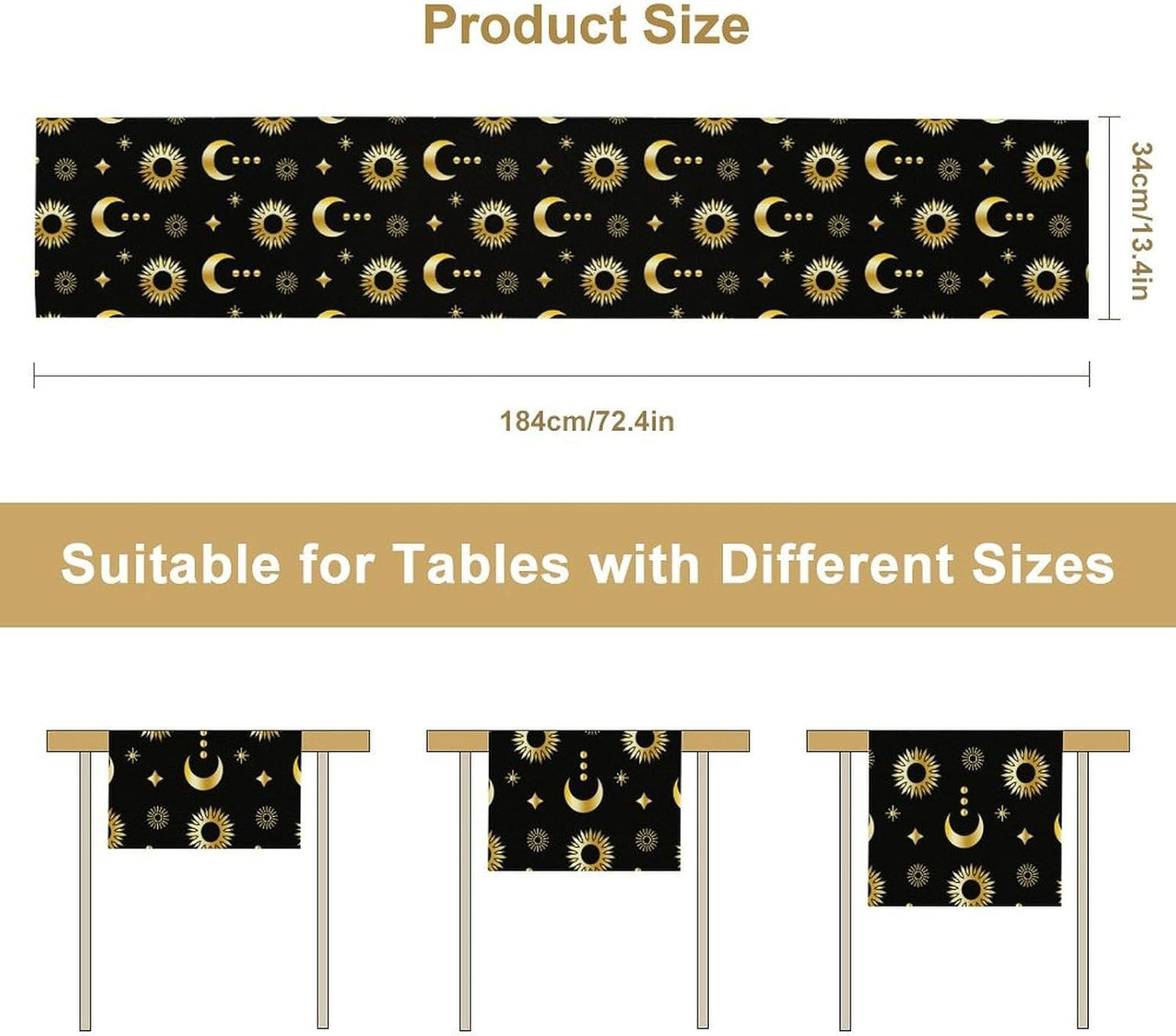 Magic Gold Sun Moon Stars Table Runner Mystical Farmhouse Rustic TableRunner for Party Holiday Dining Room Kitchen 13x36 Inch