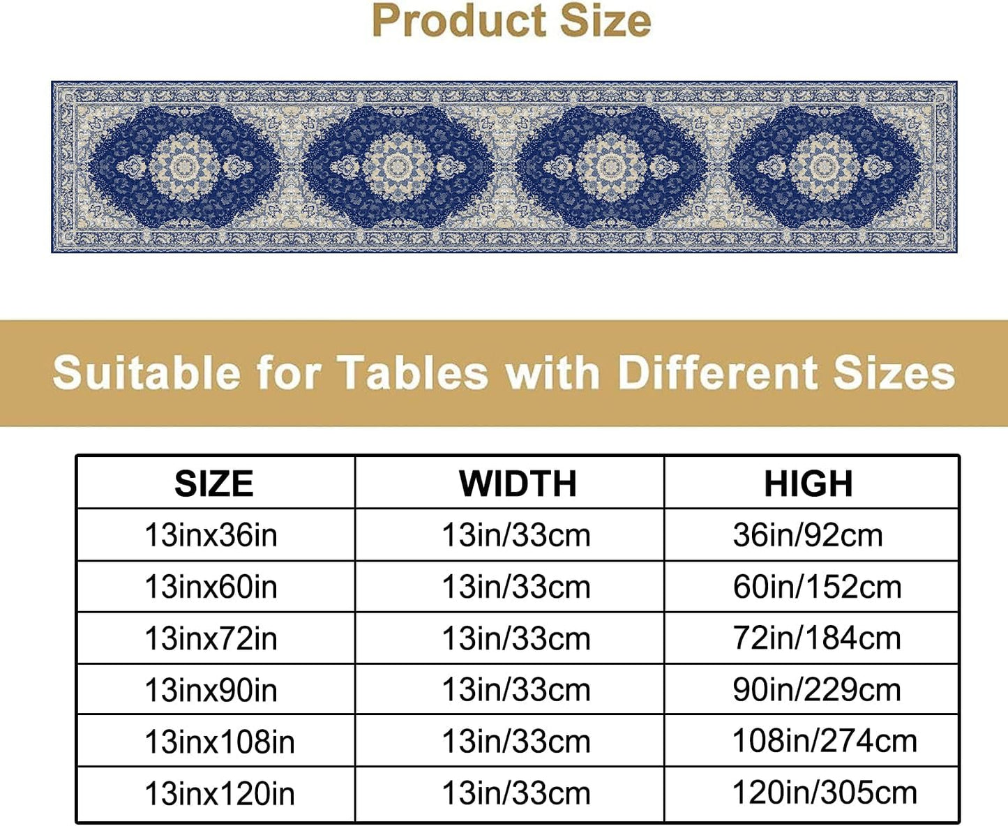 Boho Bohemia Style Dark Blue Table Runner, Country Rustic Farmhouse Magical Abstract Print Pattern for Home Kitchen Table Decor Dining Coffee Room Garden Party Decor 13x72in