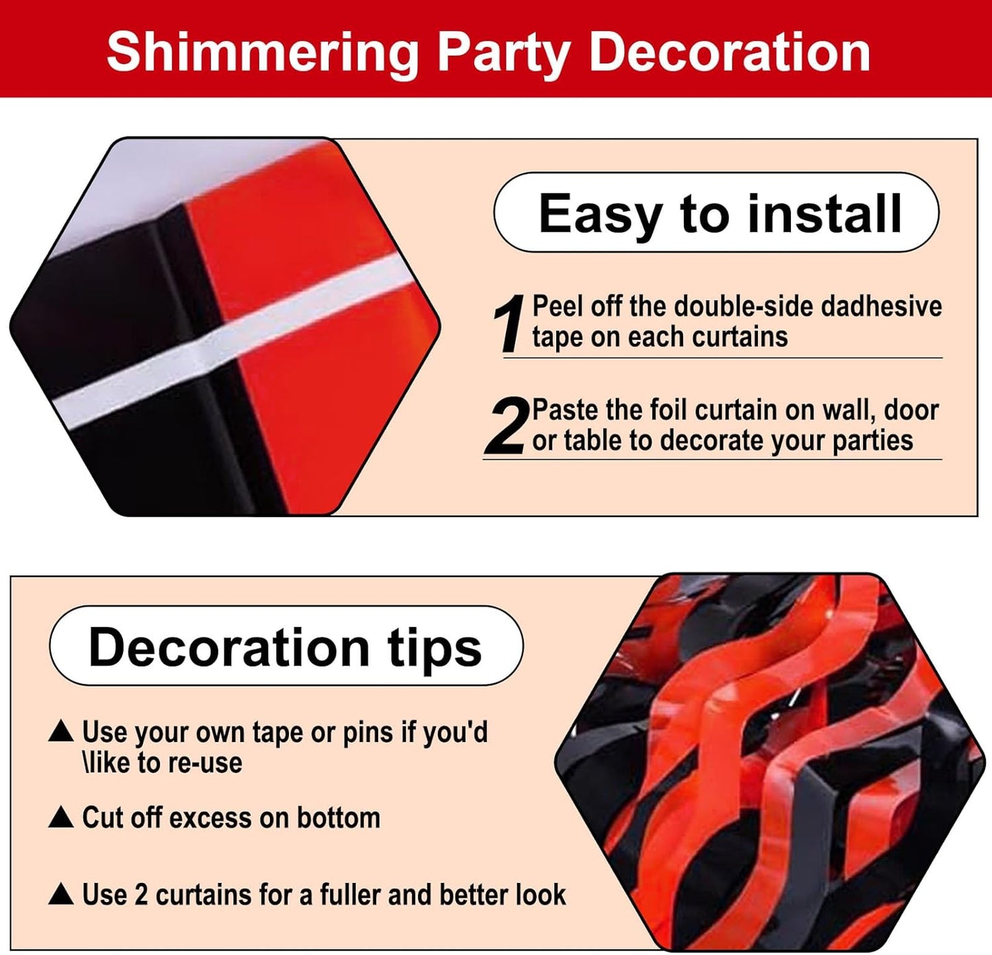 4 Pack Black Red Wave Foil Fringe Curtain Backdrop, 3.28Ft x 8.2Ft Metallic Tinsel Foil Fringe Streamer Curtains for Photo Booth, Mother's Day, Easter, Birthday, Wedding Party Decoration