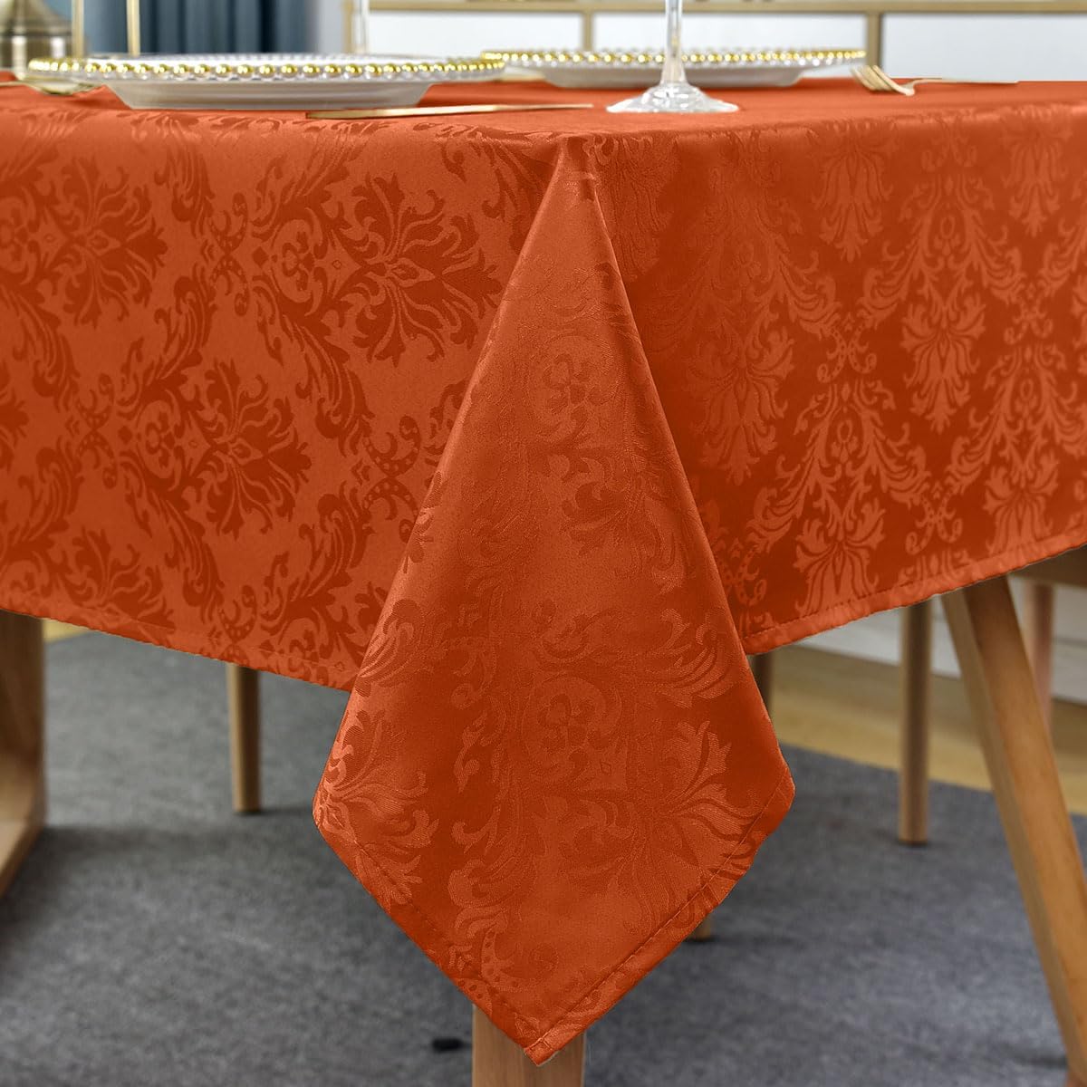 Jacquard Tablecloth Rectangle 60 x 120 Inch, Spill Proof Wrinkle Free Damask Autumn Table Cloth, Reusable Fabric Table Cover for Fall, Thanksgiving, Harvest, Holiday, Rusty/Orange