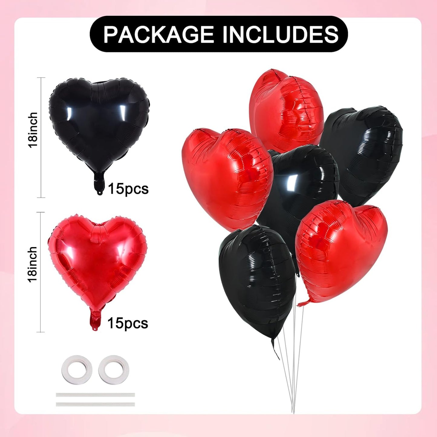 TONIFUL 30Pcs 18 Inch Red Black Heart Balloons Valentine’s Day Heart Shape Foil Mylar Balloons Decoration for Romantic Valentine's Day Wedding Bridal Shower Anniversary Engagement Party Supplies