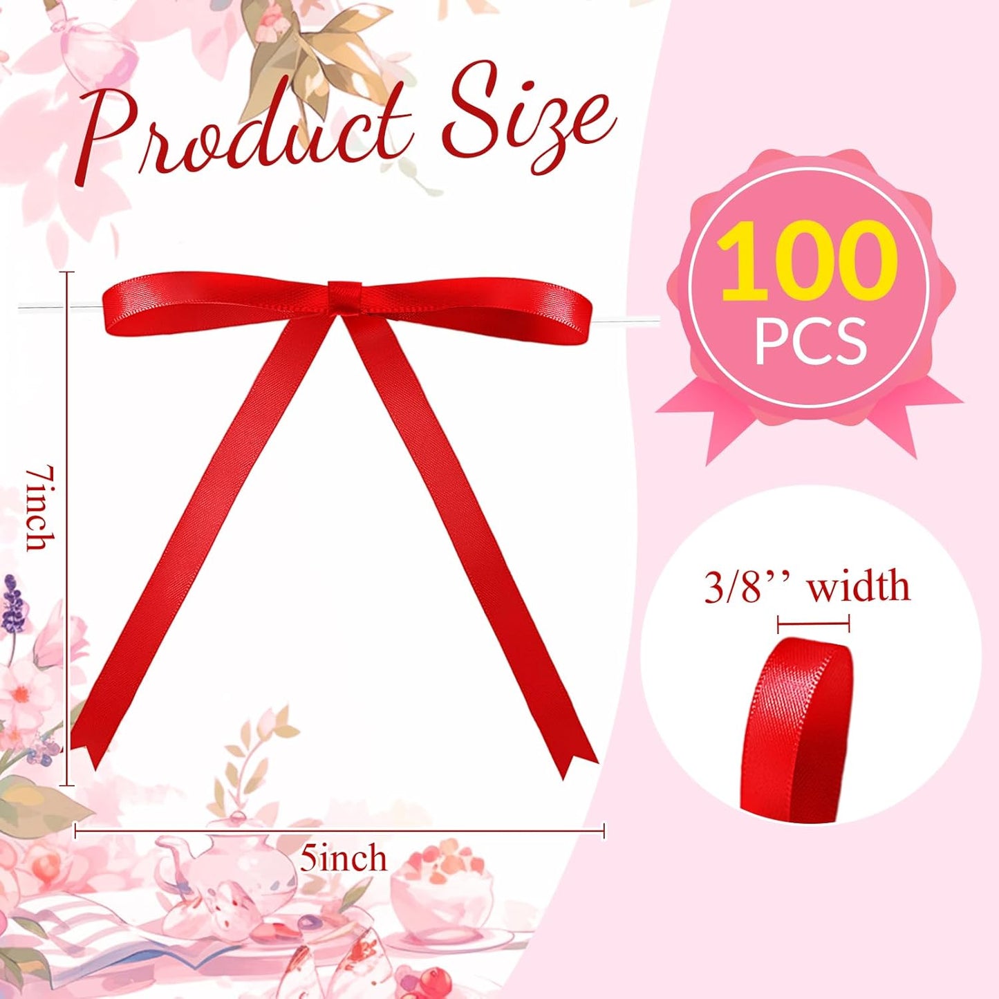 Riceshoot 100 Pcs Twist Tie Bows Bulk 5x7 Inch Satin Ribbon Bows for Gift Wrapping Cake Treat Bags Craft DIY Gift Wedding Baby Shower Birthday Party (Red)