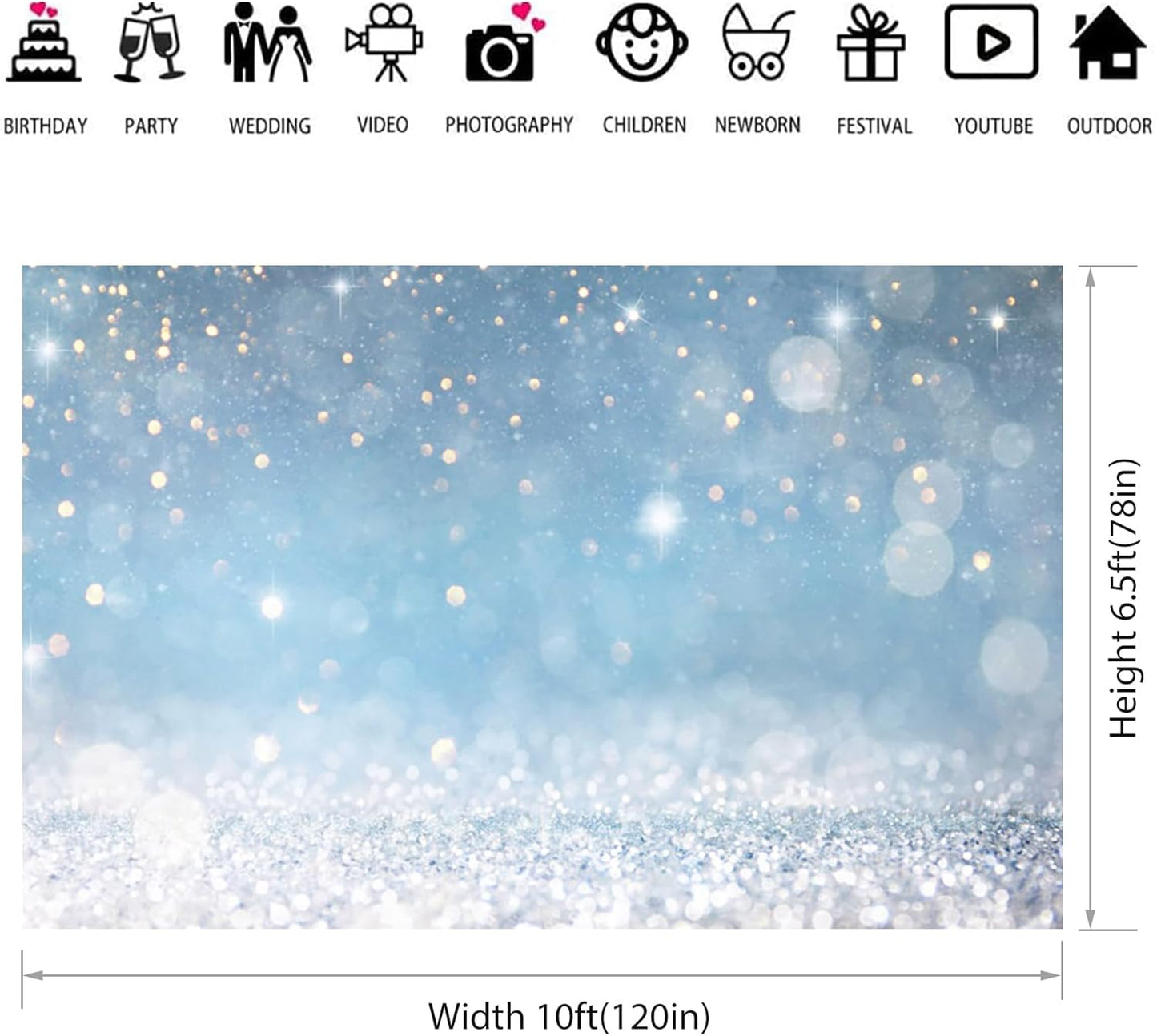 10x6.5ft Blue Bokeh (Not Glitter) Backdrops Birthday Party Abstract Golden Sparkling Spots Photography Background Baby Shower Wedding Prom Graduation Party Bokeh Decor Banner Photoshoot Props