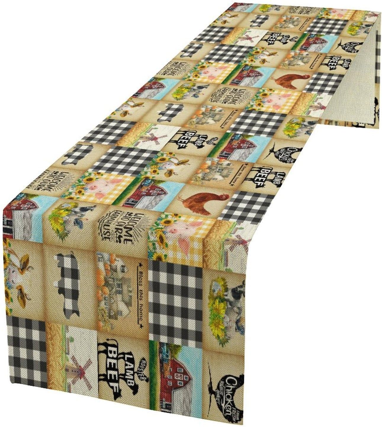 Farmhouse Animals Table Runner,Rustic Cabin Pig Chicken Cow Sunflowers Geometric Grids Burlap for Hotel Indoors Outdoor Dining Room Kitchen Holiday Party, 13x70in