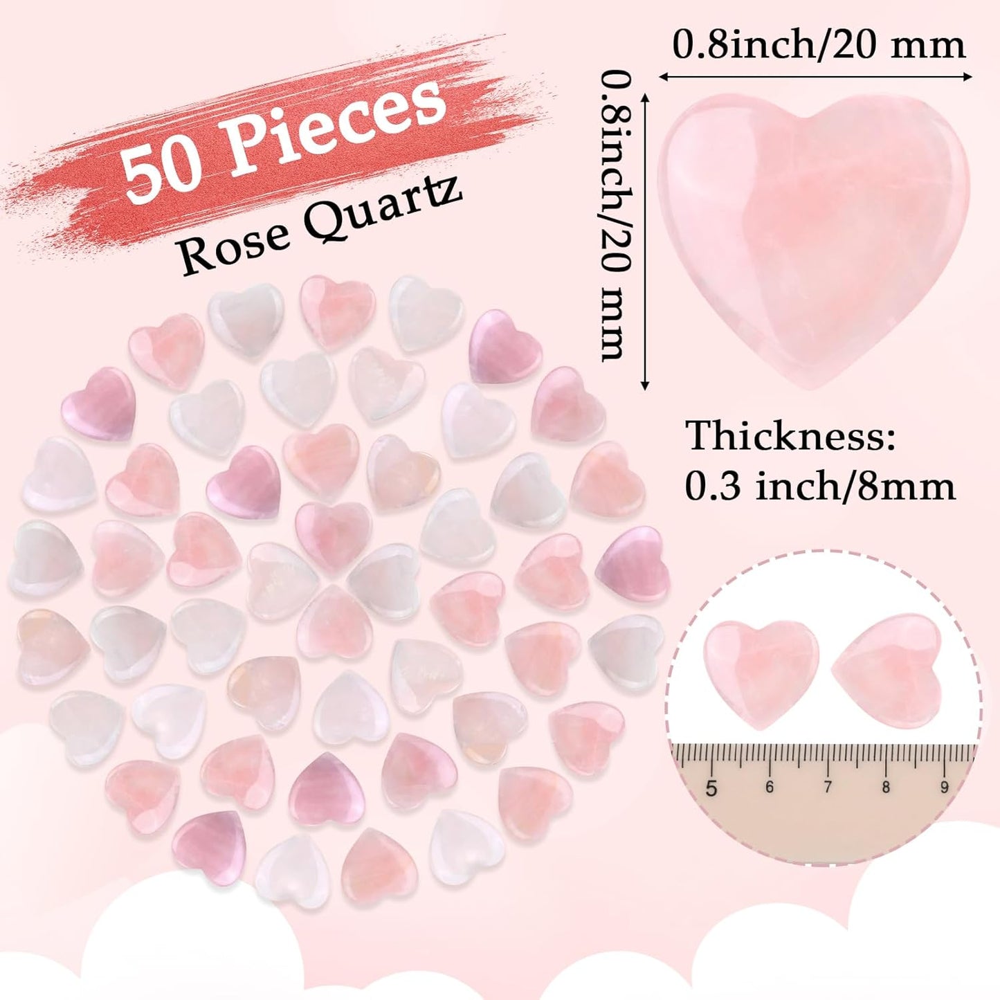 Gerrii 50 Pcs Heart Healing Stone Bulk Quartz Heart Inspirational Stones Gift for Women Love Pocket Polished Natural Energy Balancing Meditation 0.8 Inch(Rose Pink)
