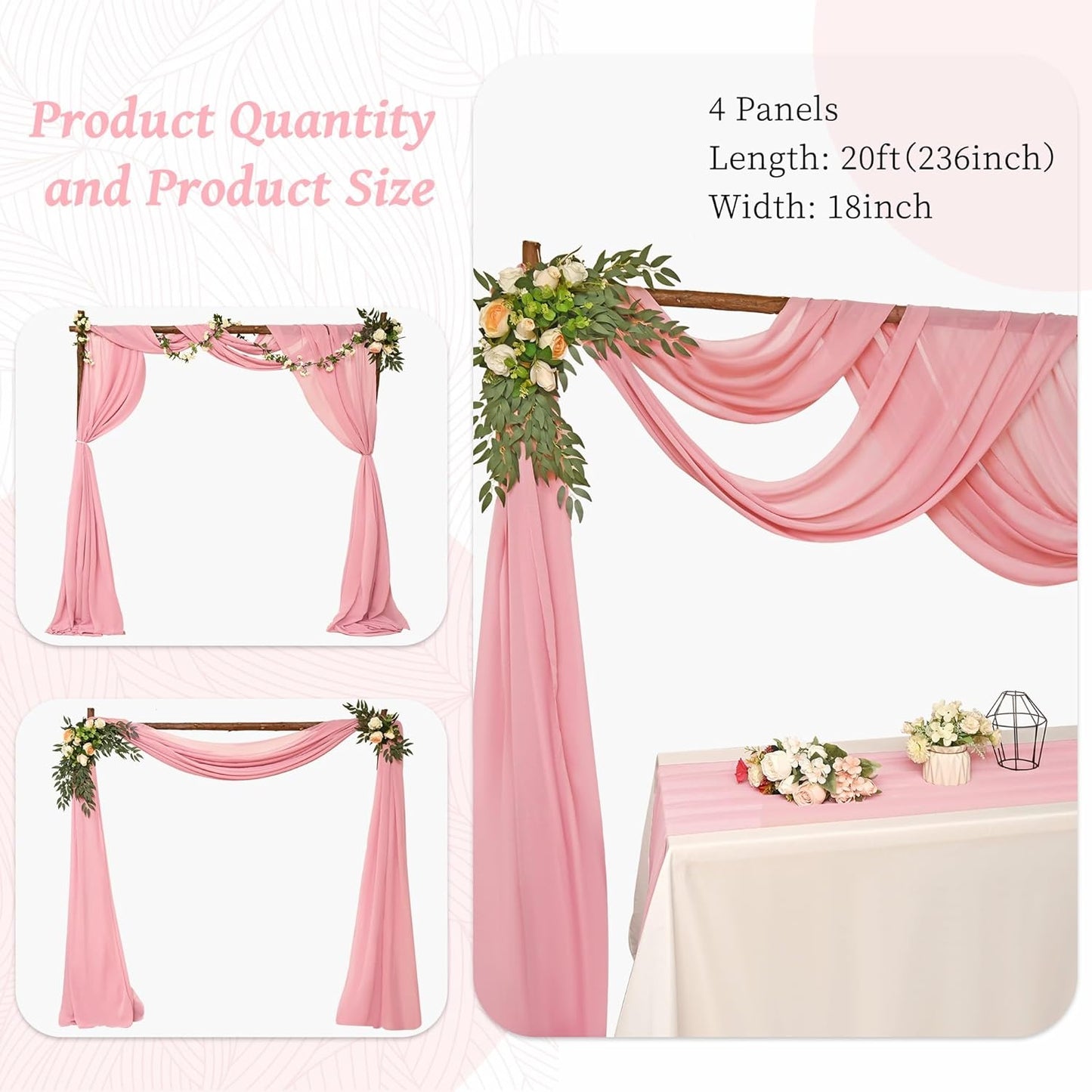 4 Panels Wedding Arch Draping Fabric 28" x 20ft Wedding Arch Drapes Chiffon Fabric Drape Sheer Backdrop Curtain for Weddings Party Ceremony Birthday Arbor Drapery Reception Ceiling Decor(Dusty Rose)