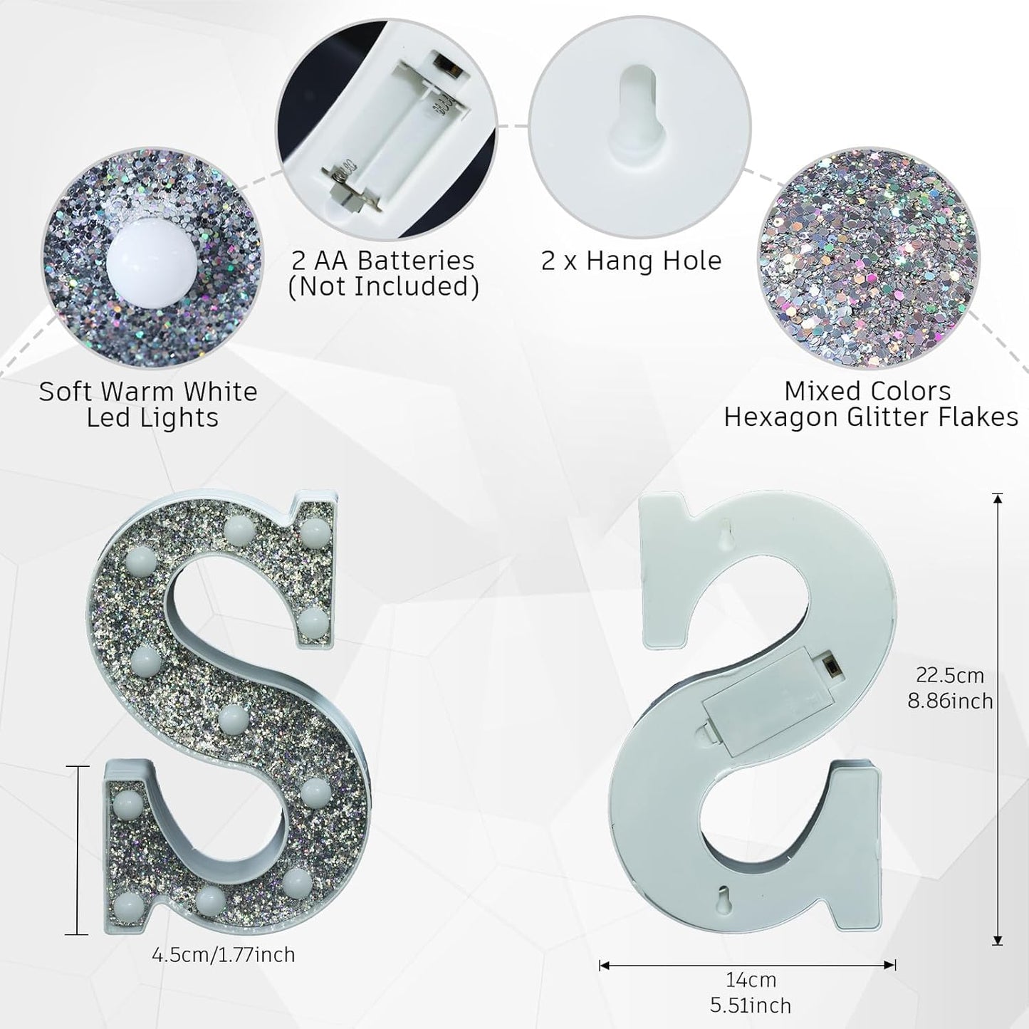 Light Up Letter S - Marquee Alphabet Sign with Glitter Frame, Battery Operated Table Decor for Prom, Engagement Party, Wedding, Birthday, Home Decor (Gold/White)