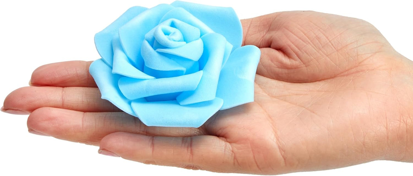 Juvale Faux Flowers for Wedding Decor - 100 Pack, 3-Inch Heads - Blue Silk Flowers - Artificial Roses for Centerpiece Table Decorations & Vase Filler