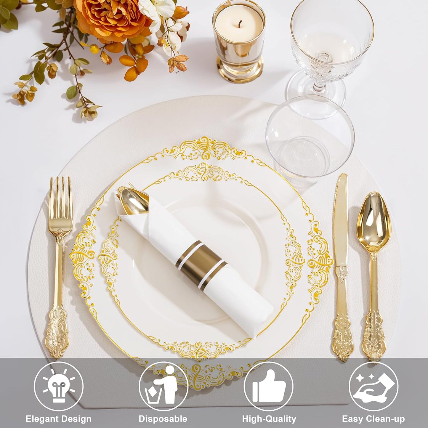 Nervure 350PCS Ivory Plastic Plates - Ivory Gold Plastic Dinnerware Sets for 50 Guests - 100 Gold Disposable Plates, 50 Pre Rolled Silverware Sets, 50 Cups Perfect for Wedding & Thanksgiving